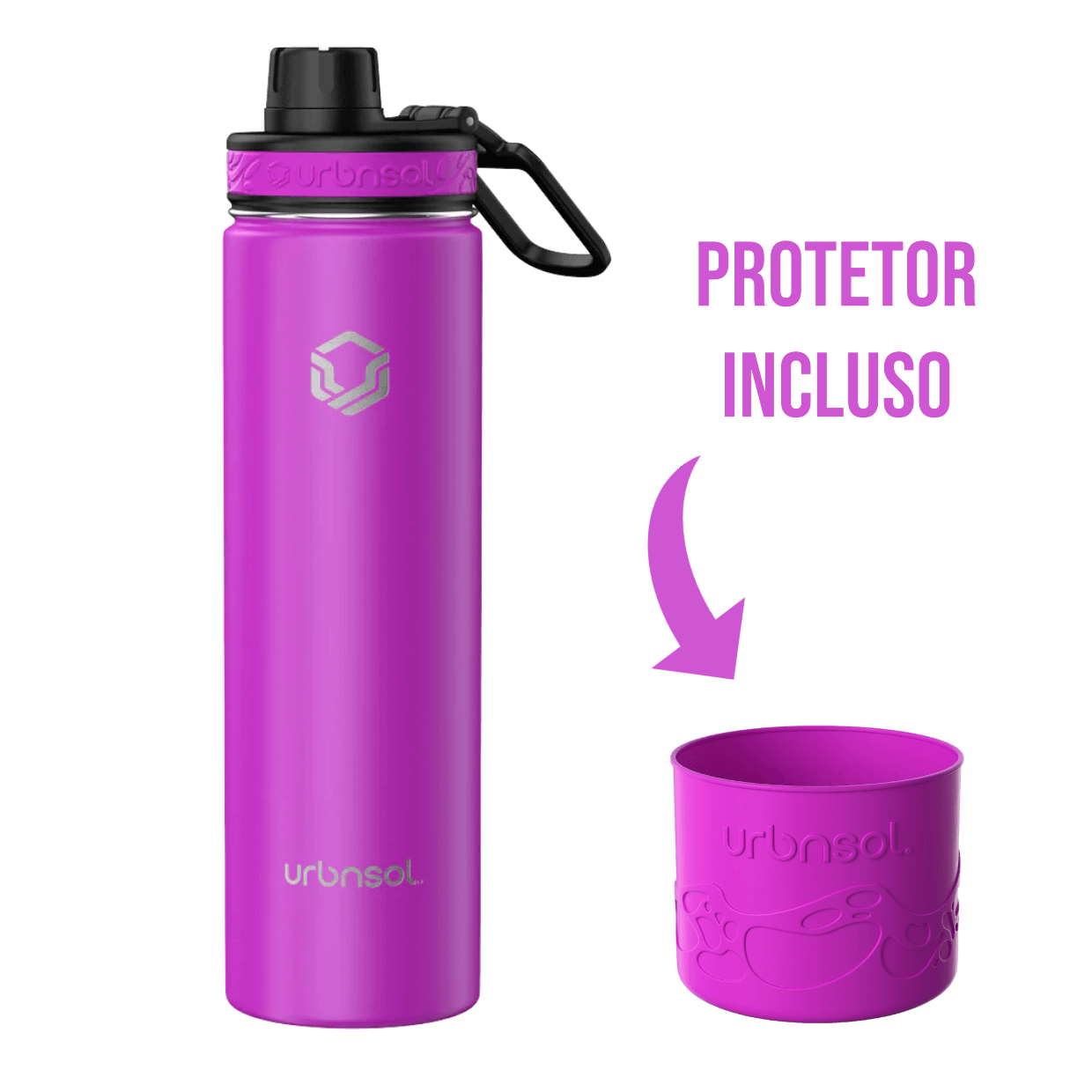 Garrafa Térmica Urbnsol 650ml - Tradicional em rosa com protetor incluído, mantendo bebidas quentes por 12h e frias por 24h.