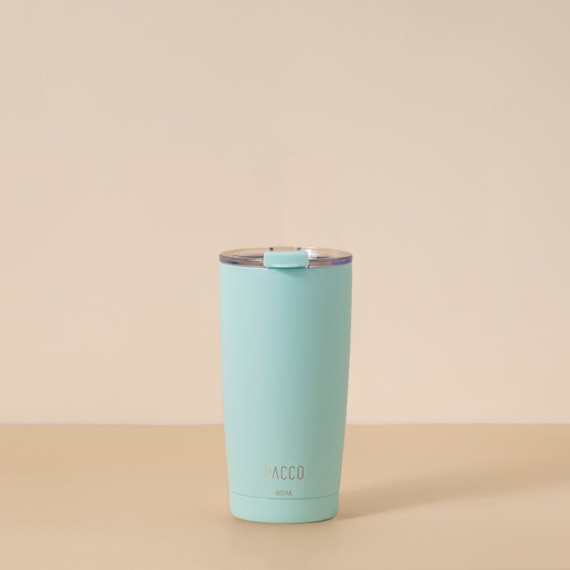 Copo Térmico PACCO ThermoCup 600ml azul claro com paredes duplas e isolamento a vácuo, ideal para manter bebidas frias ou quentes.