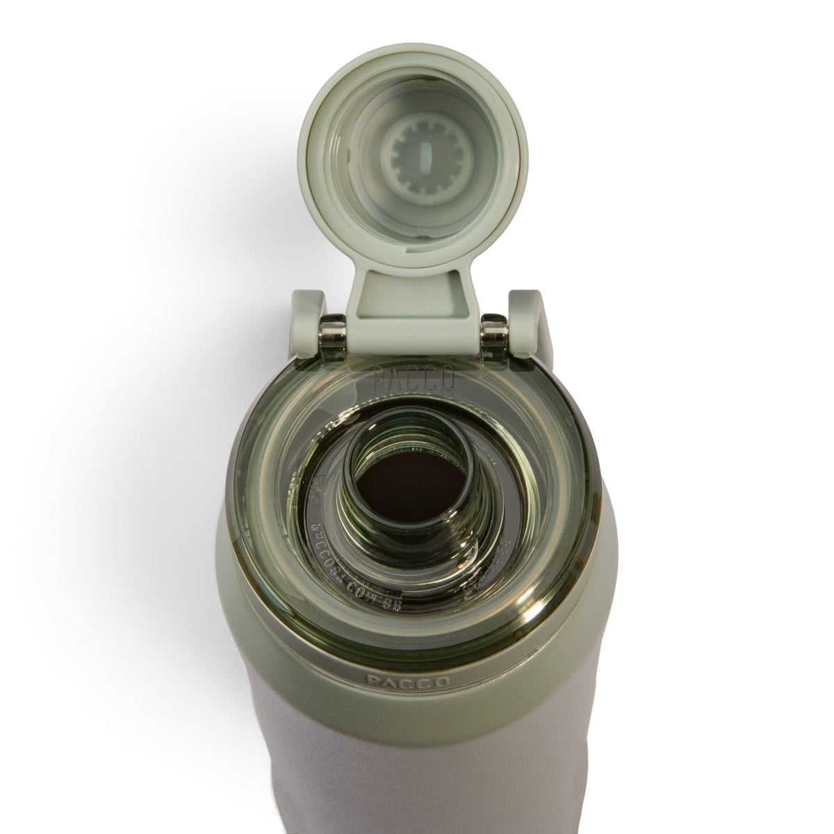 Garrafa Térmica PACCO Vyta 650ml Corações Sálvia Aqua Grey, com a tampa aberta, de frente