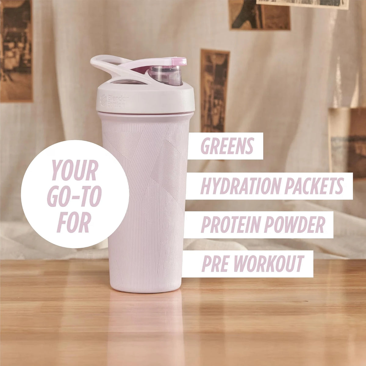 Coqueteleira Blender Bottle Strada Sleek 740 ml Listras Rosas, infográfico com as características