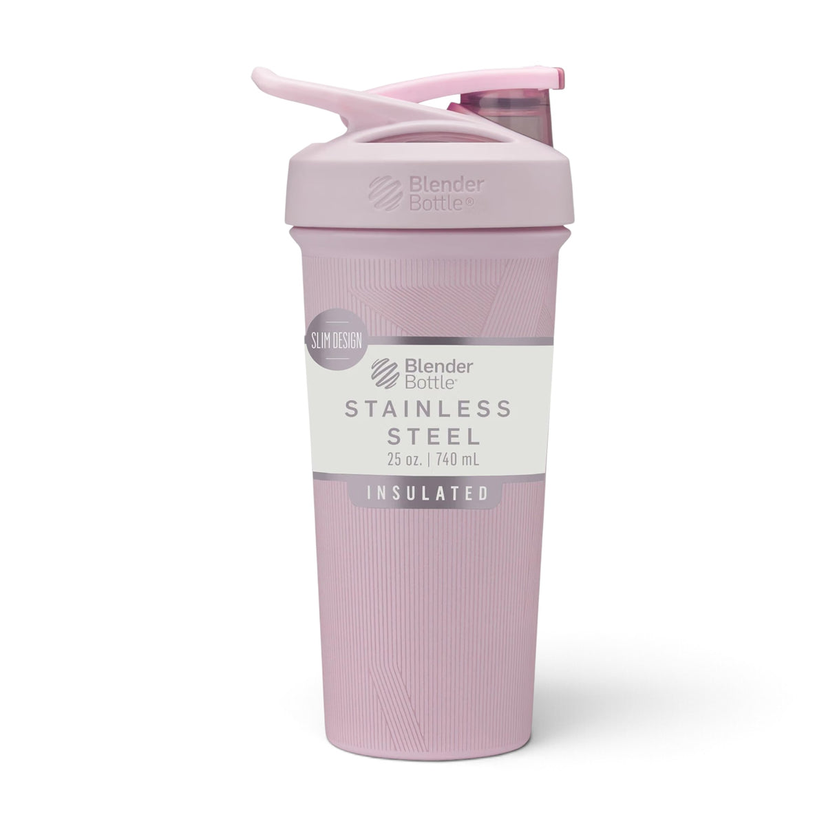 Coqueteleira Blender Bottle Strada Sleek 740 ml Listras Rosas, vista frontal com tampa fechada