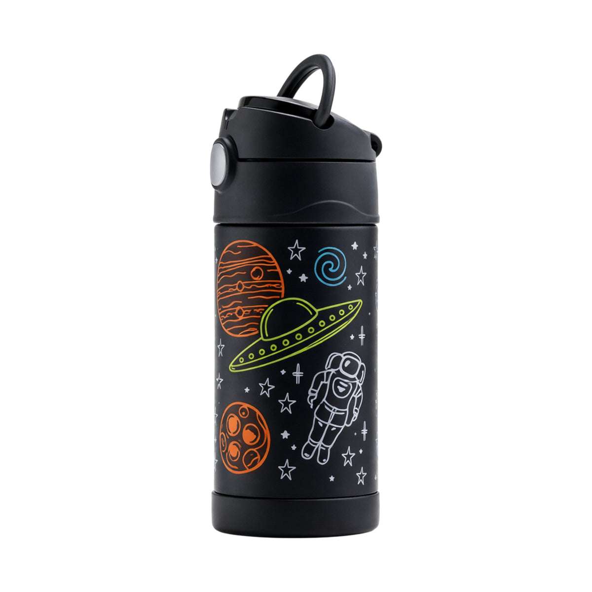 Garrafa Térmica Funtainer Thermos - 355ml com estampa de astronautas e planetas, ideal para manter bebidas geladas por até 12 horas.