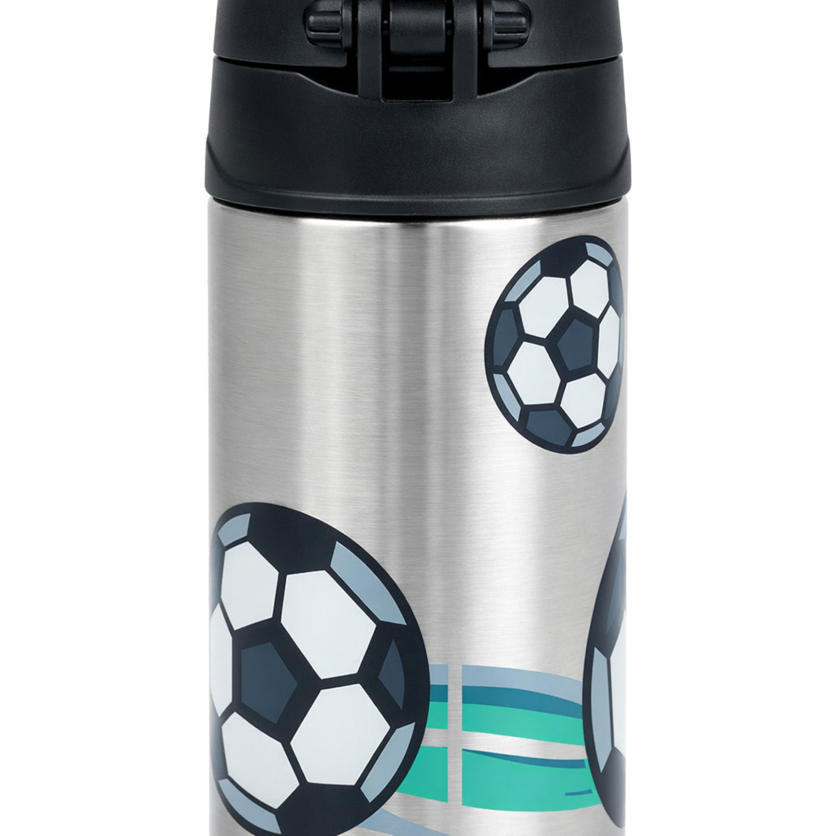 Garrafa Térmica Funtainer Thermos - 355ml em aço inoxidável com design de bolas de futebol, canudo retrátil e isolamento térmico.