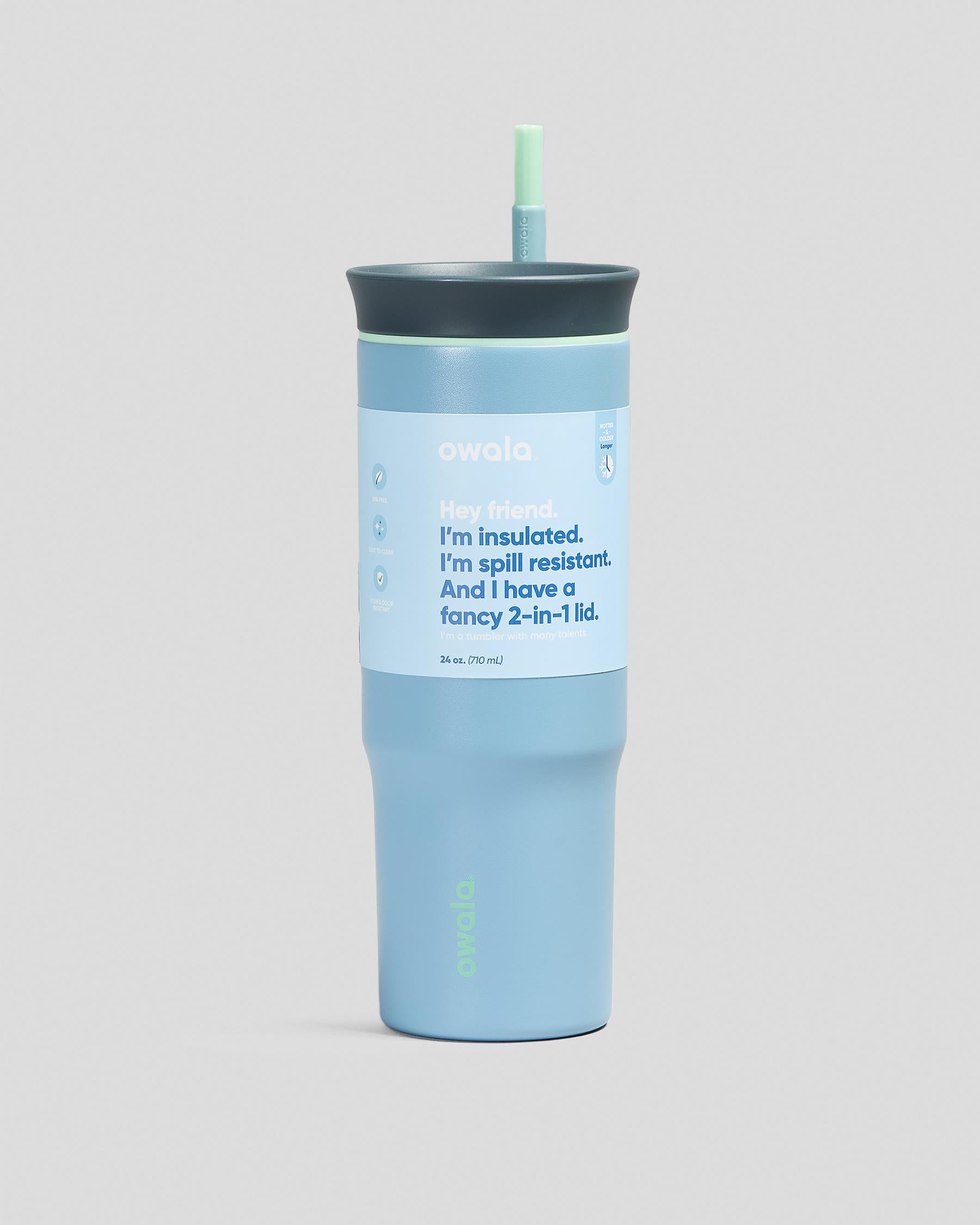 Copo Tumbler Térmico Owala - 710ml | 24oz em azul claro, design inteligente com isolamento a vácuo, mantendo a temperatura ideal.