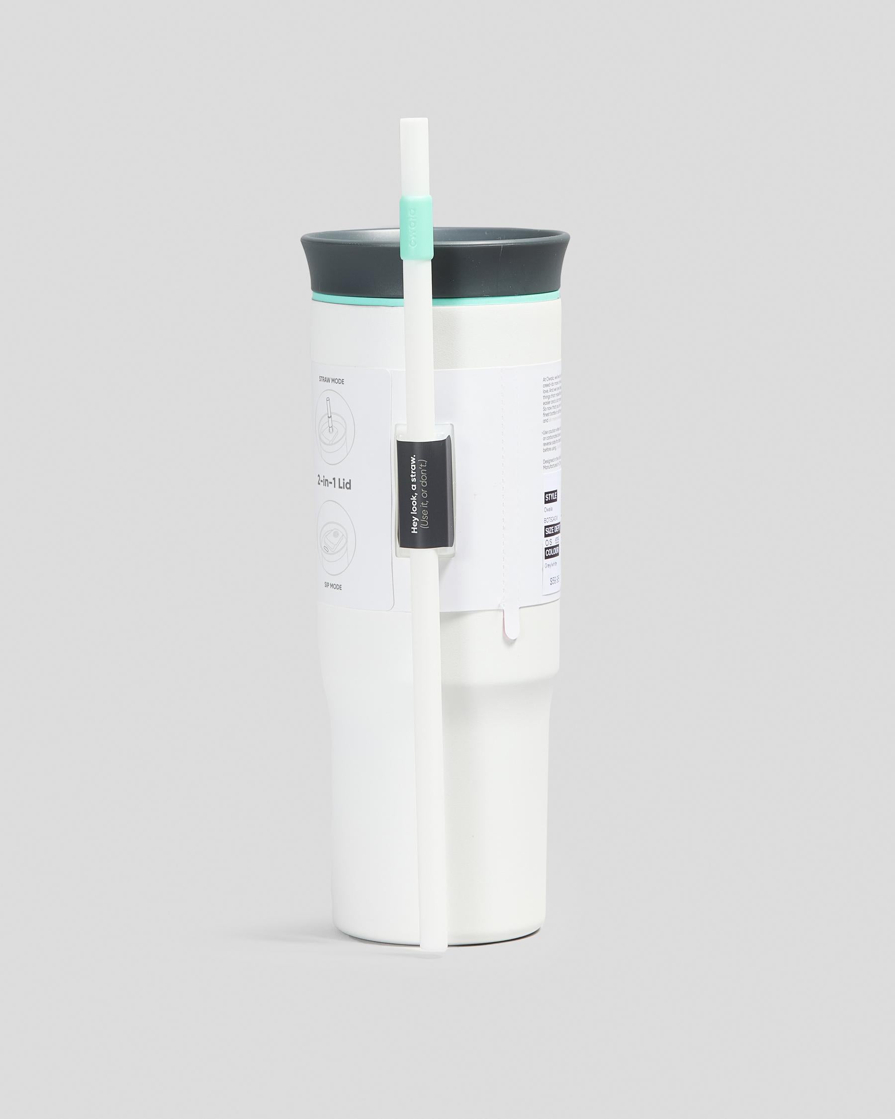 Copo Tumbler Térmico Owala - 710ml | 24oz, branco com tampa preta e canudo, isolamento térmico para bebidas quentes e frias.
