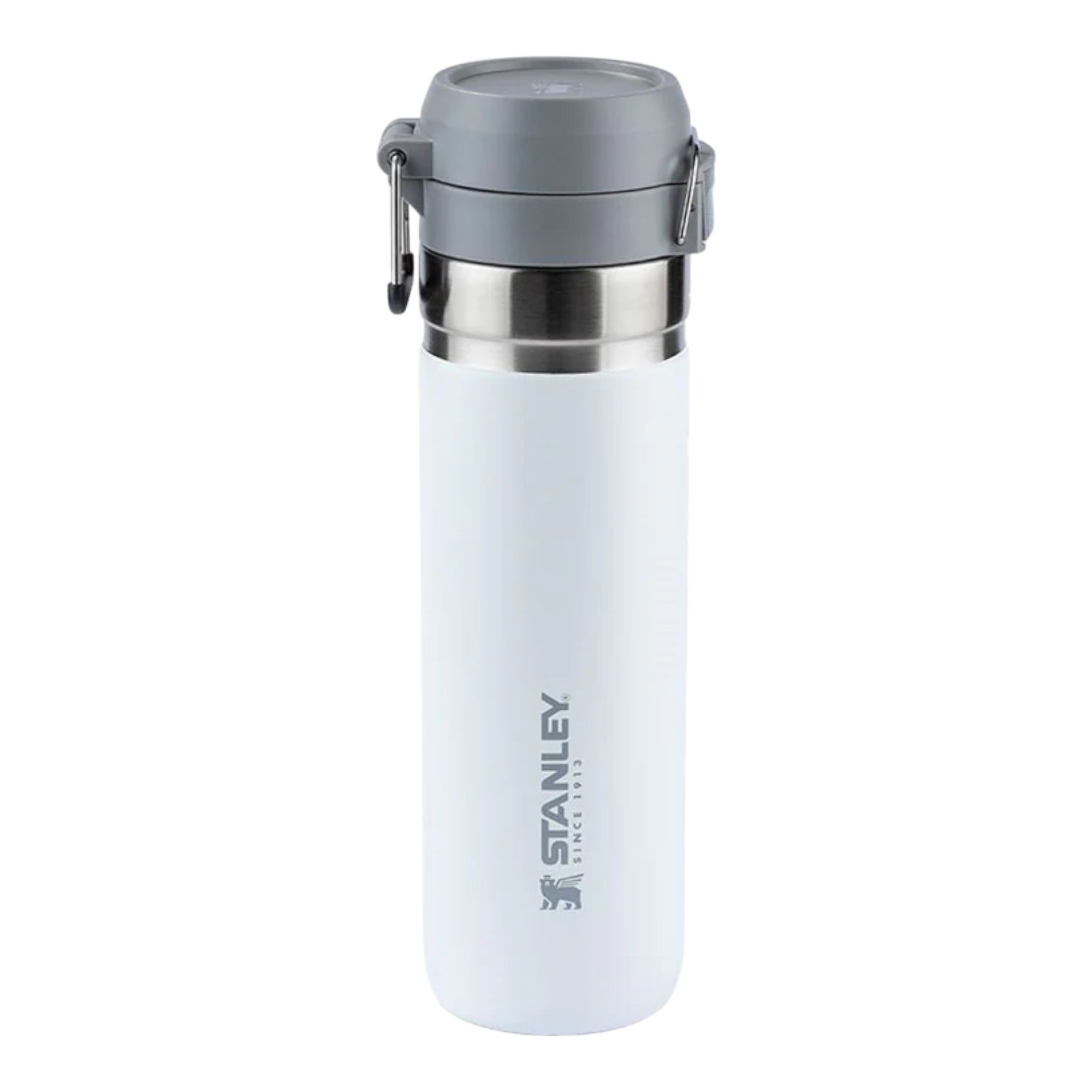 Garrafa Térmica Quick Flip Stanley - 710ml branca com tampa cinza, ideal para manter bebidas geladas por até 12 horas.