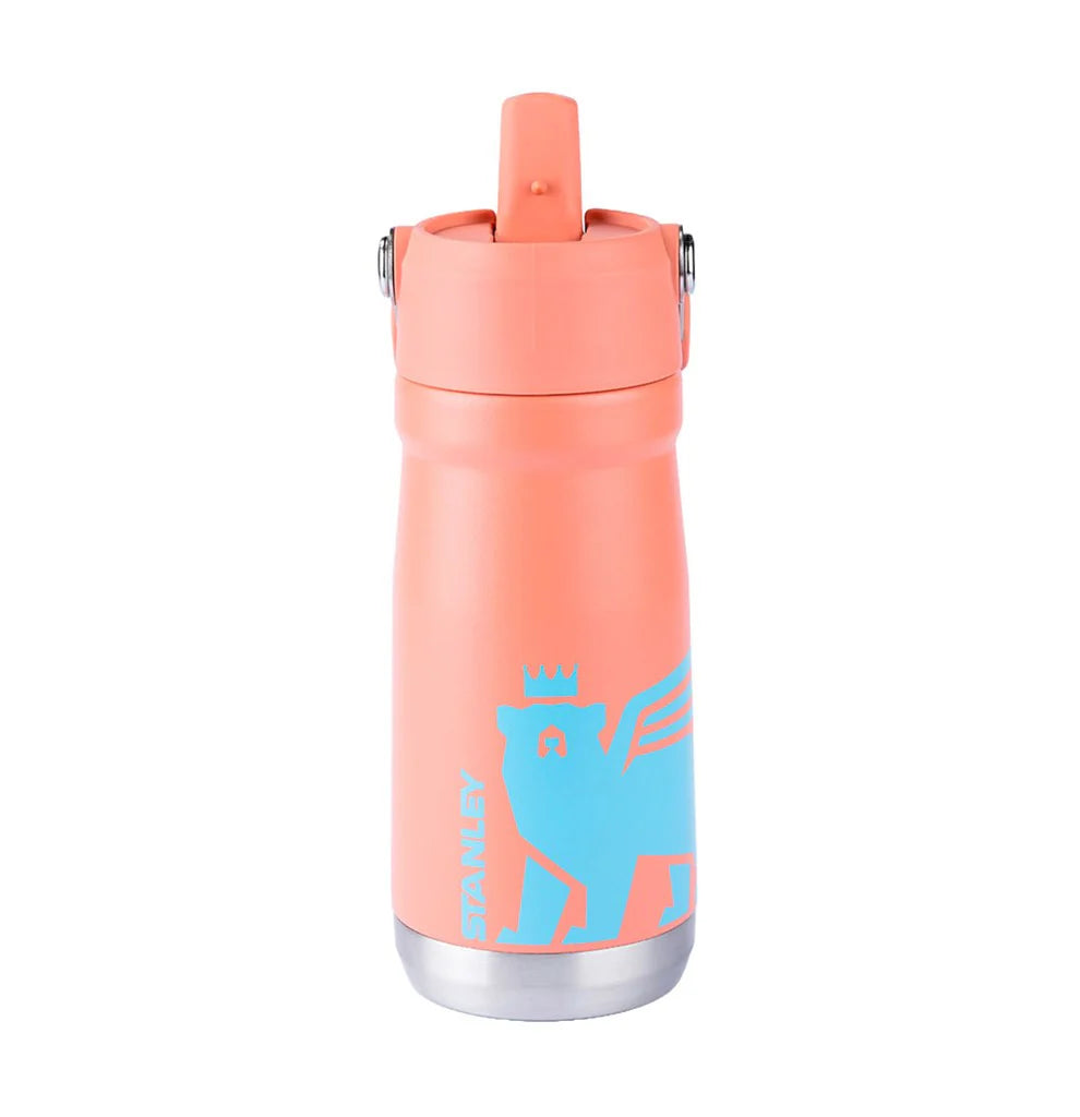 Garrafa Térmica Flip Straw Youth Stanley - 500ml, cor coral, com canudo retrátil e alça, ideal para crianças.
