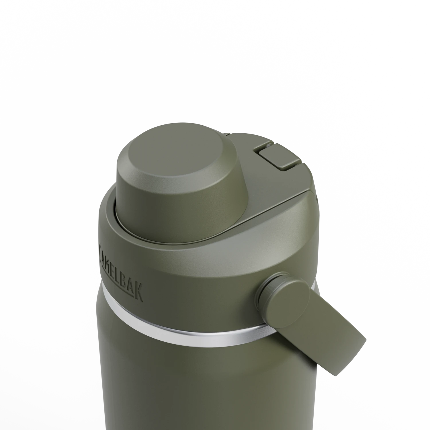 Garrafa Térmica Camelbak Thrive Chug 590ml, vista superior mostrando a tampa e botão de liberação.