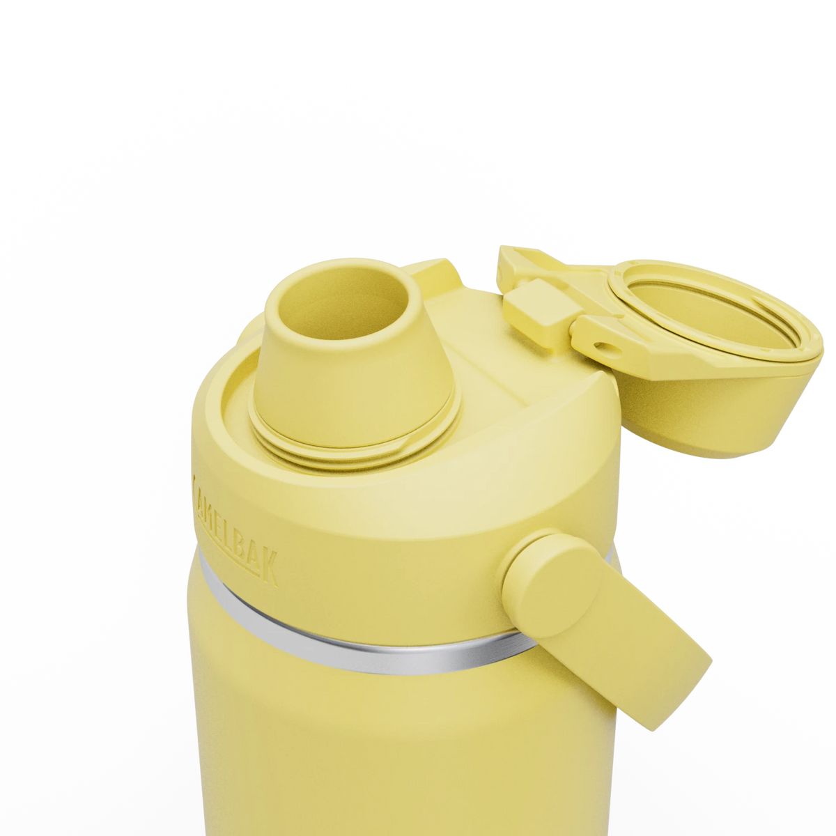 Garrafa Térmica Camelbak Thrive Chug 590ml na cor amarela, mostrando a tampa e bico para fácil acesso à bebida.