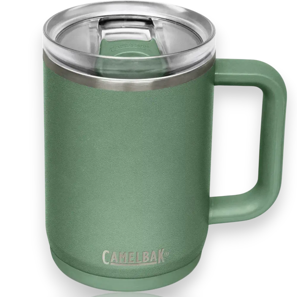 Caneca Térmica Thrive Camelbak 470ml verde com tampa à prova de vazamento; mantém a temperatura das bebidas, ideal para uso diário.