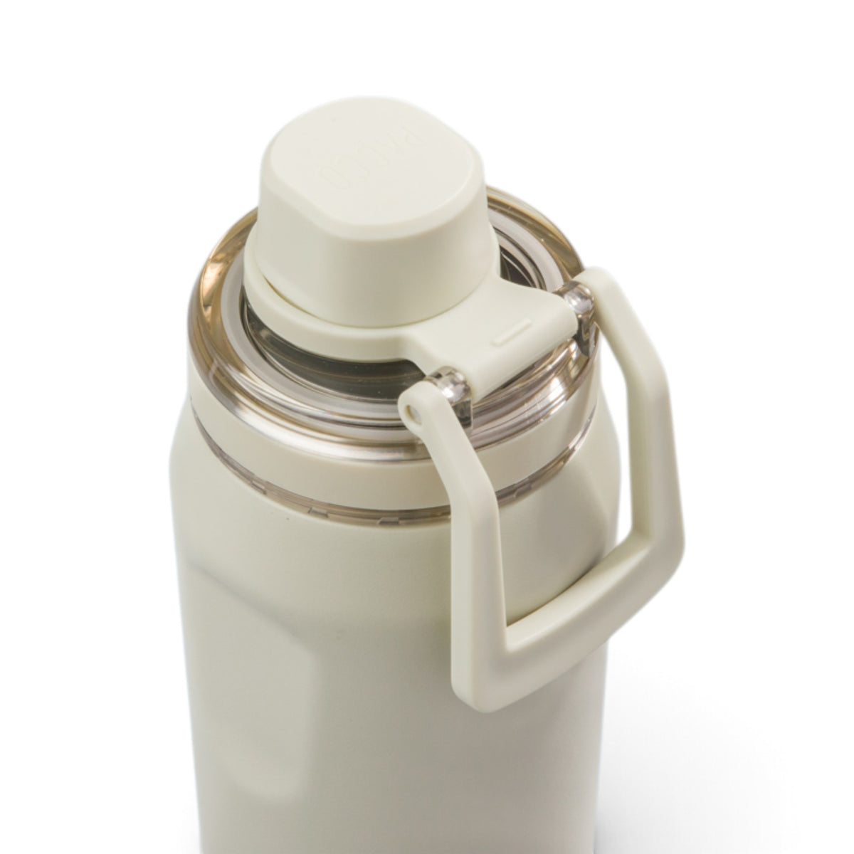 Tampa e alça da Garrafa Térmica PACCO Vyta 350ml em aço inox 18/10, destacando seu design moderno e durabilidade.