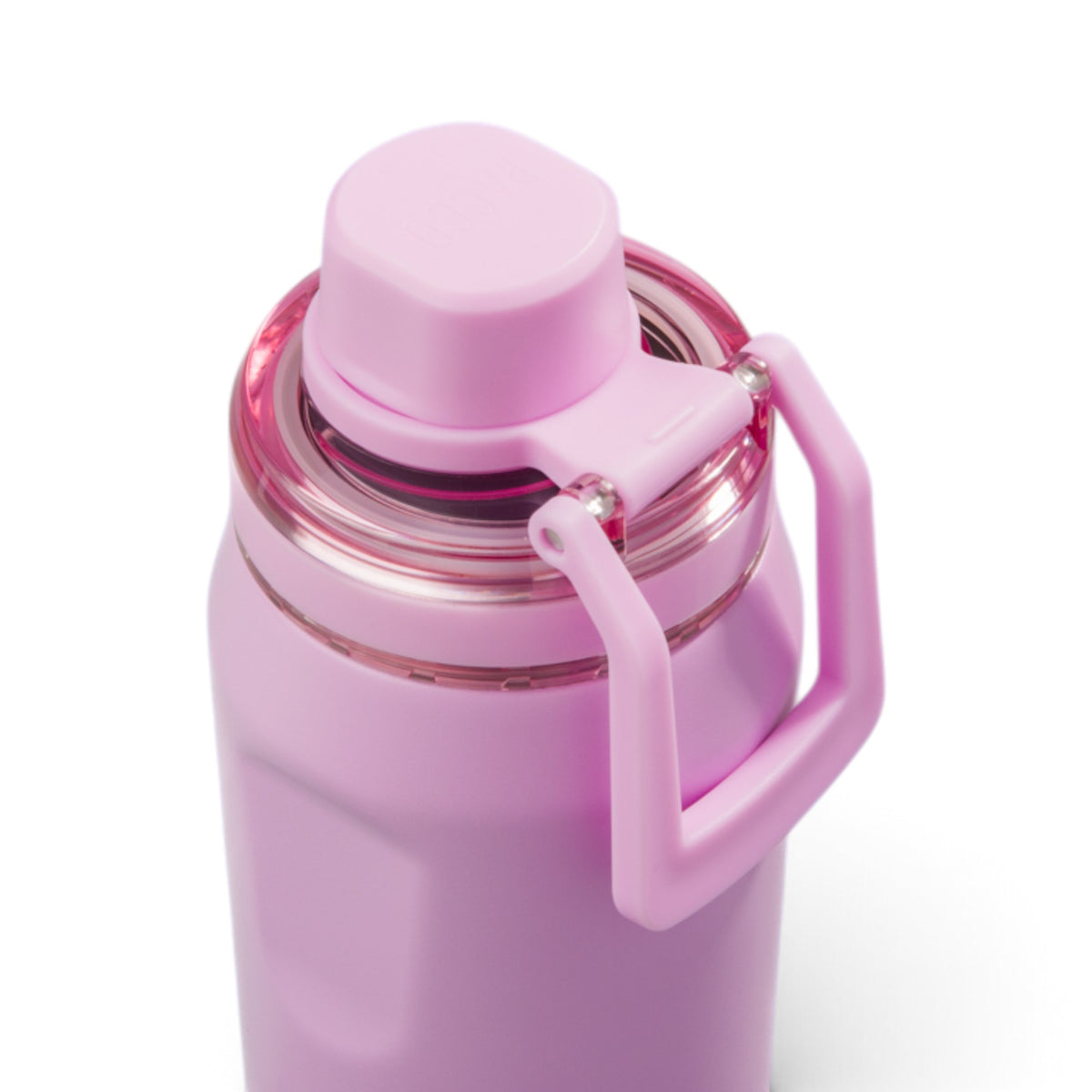 Detalhe da tampa rosa da Garrafa Térmica PACCO Vyta 350ml, destacando o design moderno e ergonômico em aço inoxidável seguro para alimentos.