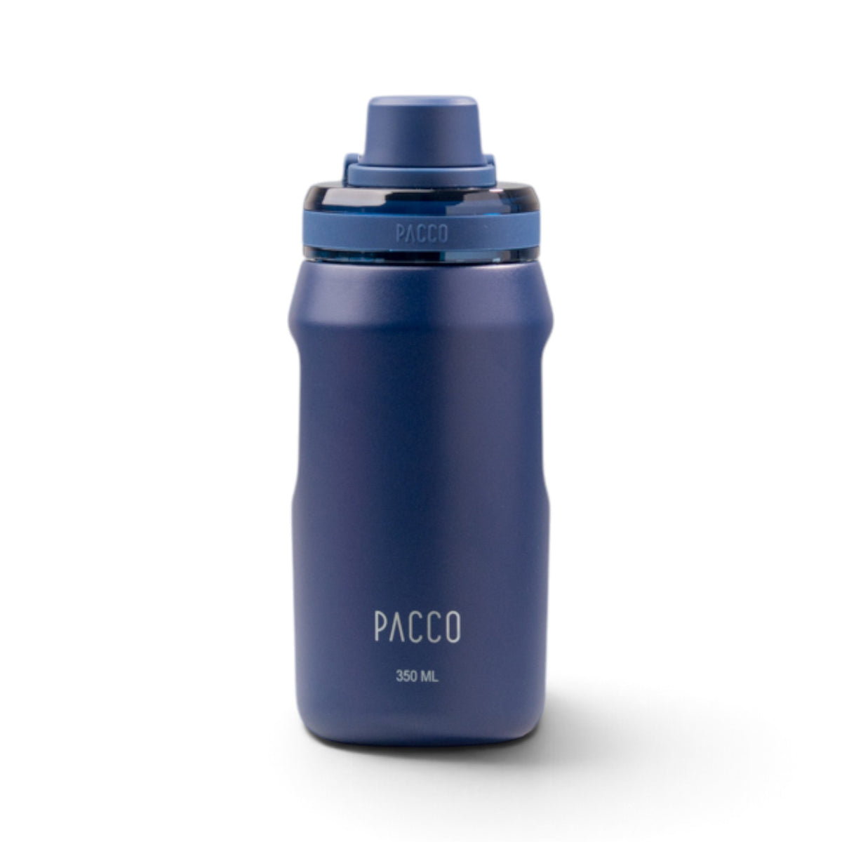 Garrafa Térmica PACCO Vyta 350ml azul, moderna e ergonômica, ideal para uso diário em aço inox de grau cirúrgico.
