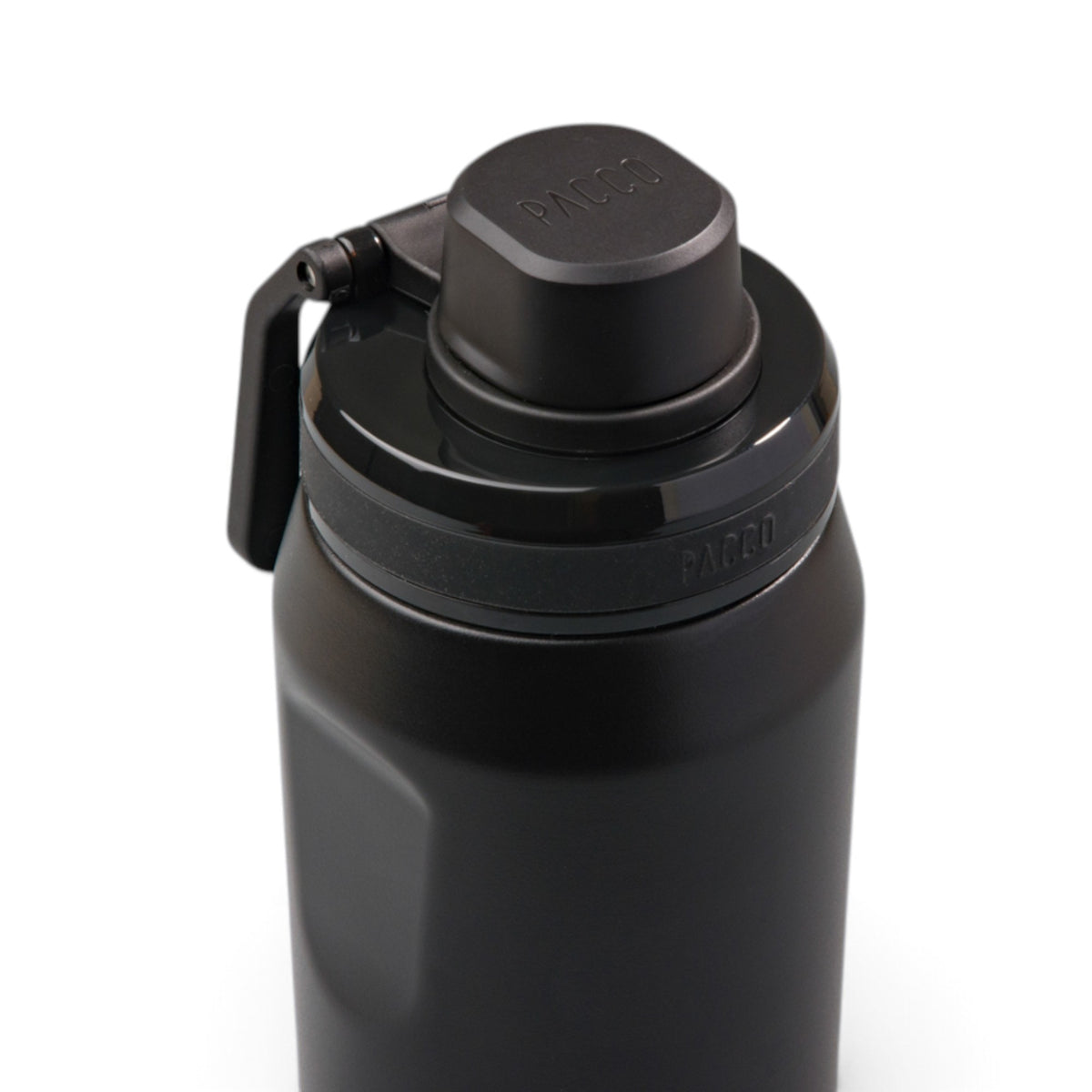 Detalhe da Garrafa Térmica PACCO Vyta 350ml preta com design moderno e tampa ergonômica, ideal para uso diário e viagens.