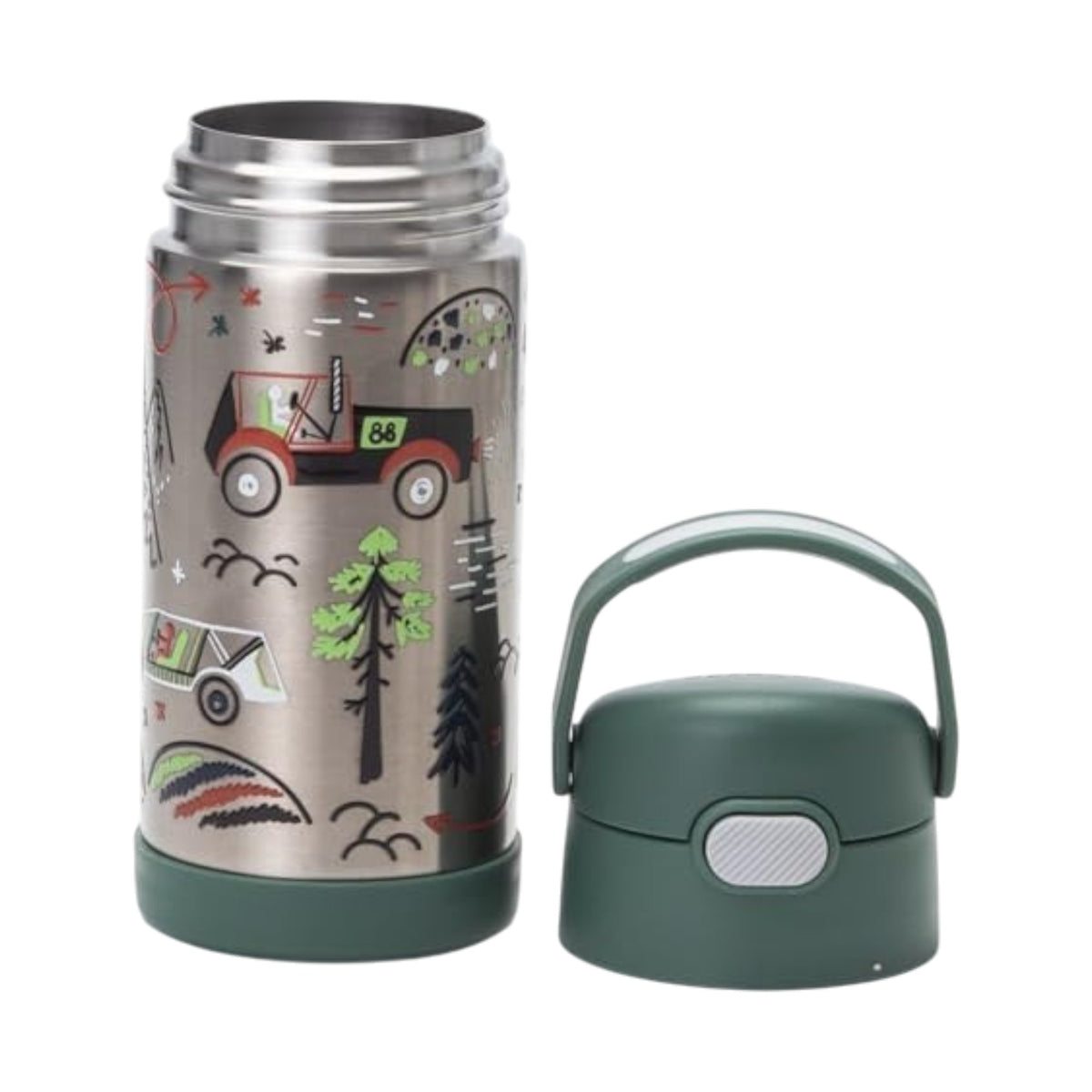 Garrafa Térmica Funtainer Thermos - 355ml com design infantil, aço inoxidável e alça dobrável, ideal para manter bebidas geladas.