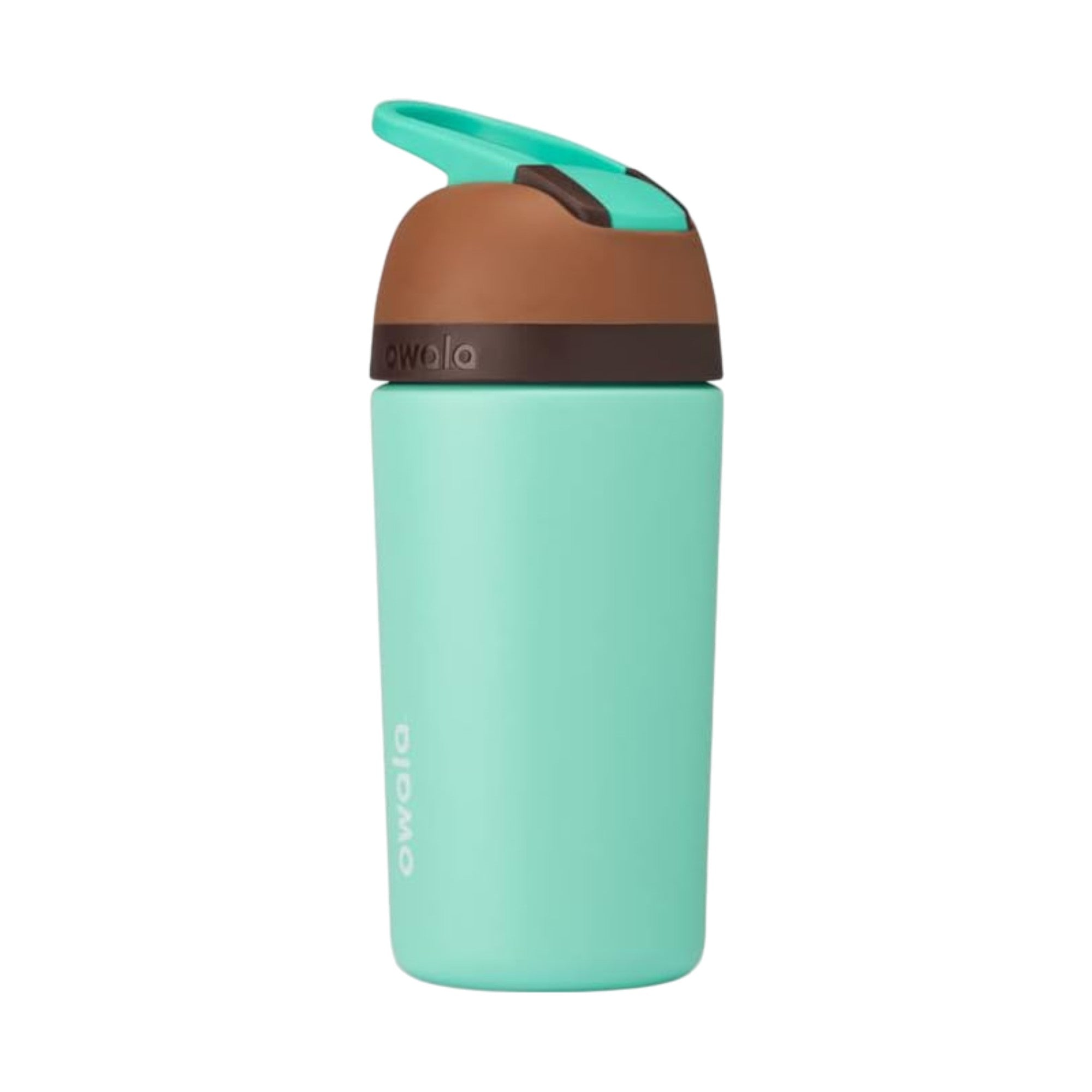 Garrafa Owala Flip Infantil Stainless Steel Termica | 14oz | 410ml em cor azul claro com tampa marrom