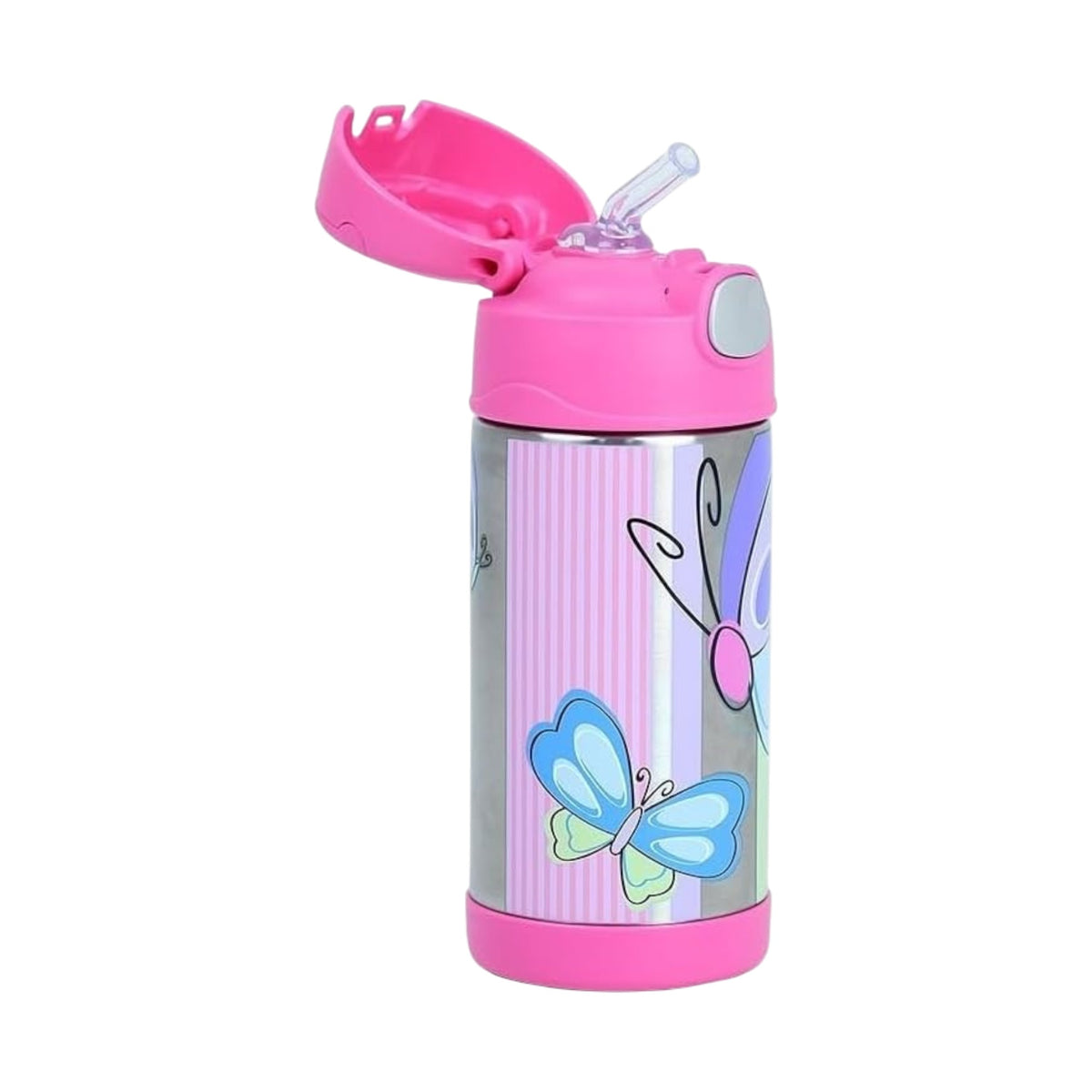 Garrafa Térmica Funtainer Thermos - 355ml, rosa com borboletas, isolamento a vácuo, canudo retrátil, mantém bebidas geladas até 12h.