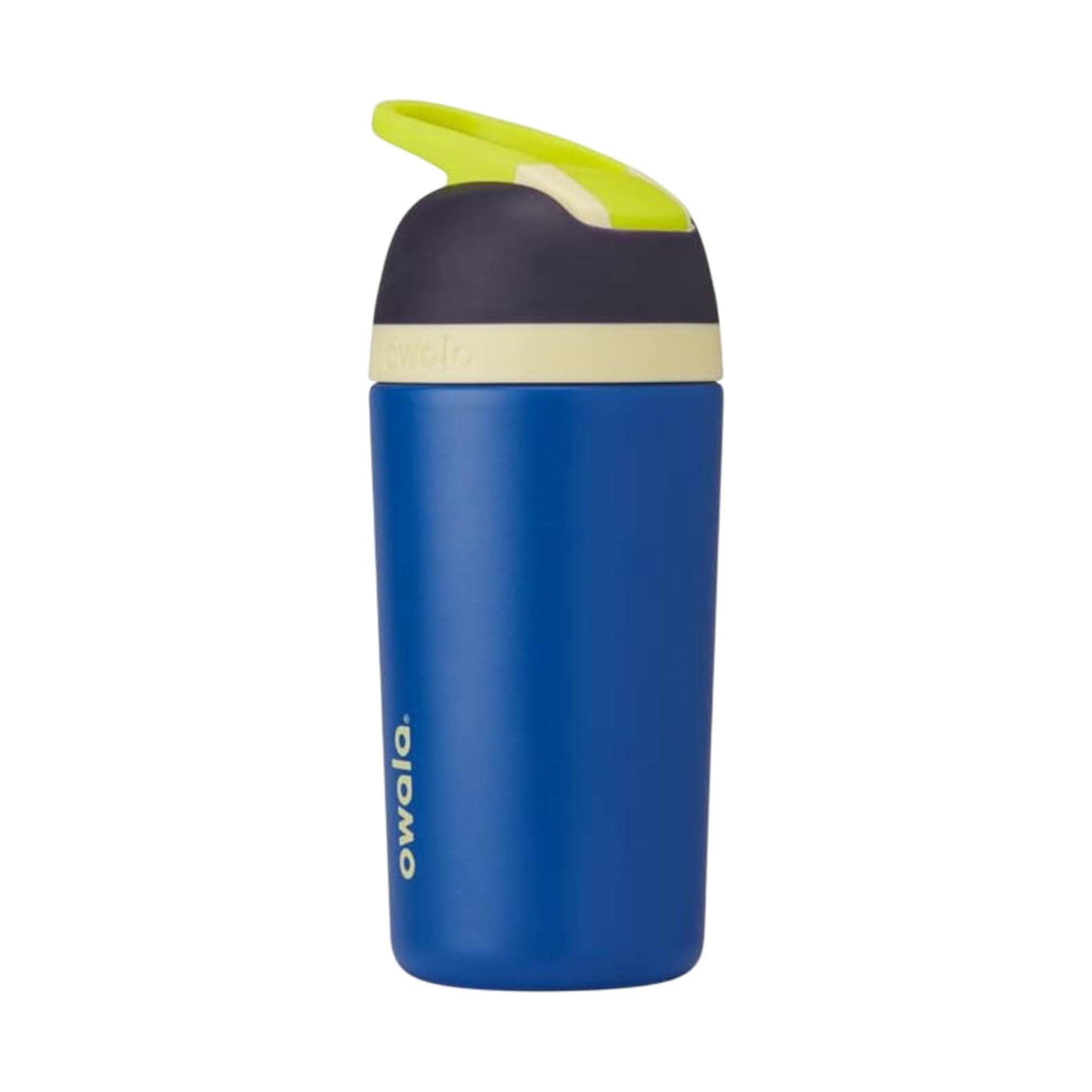 Garrafa Owala Flip Infantil Stainless Steel Termica | 14oz | 410ml em azul com tampa amarela.