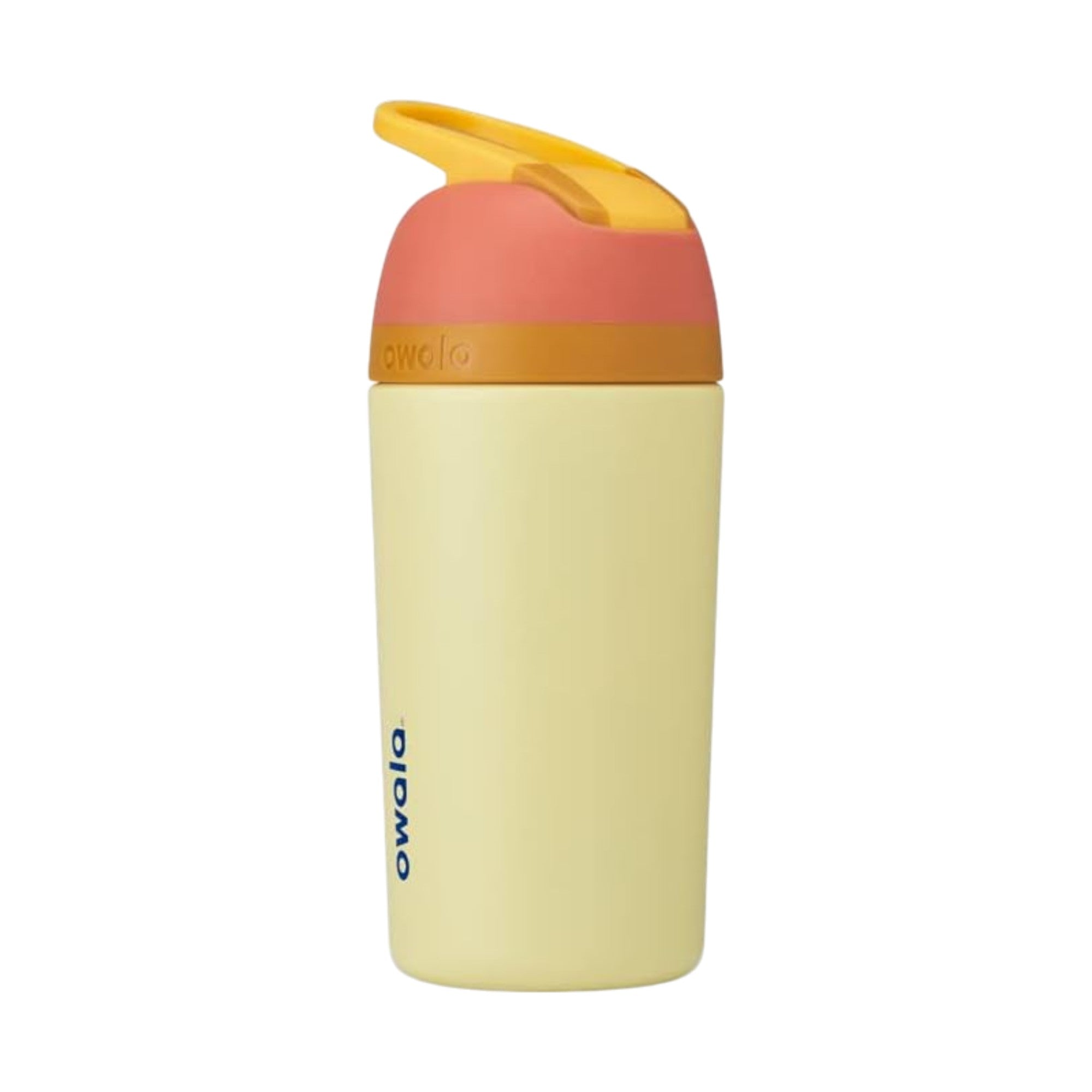 Garrafa Owala Flip Infantil Stainless Steel Termica | 14oz | 410ml em amarelo com tampa rosa e amarela.