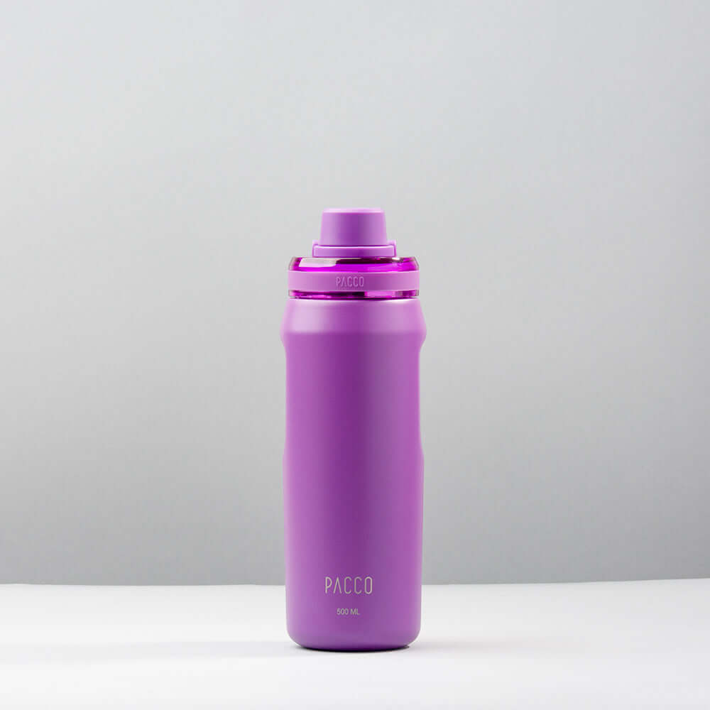 Garrafa Térmica PACCO Vyta 500ml em aço inoxidável violeta com alto desempenho térmico, isolamento a vácuo, moderna e durável.