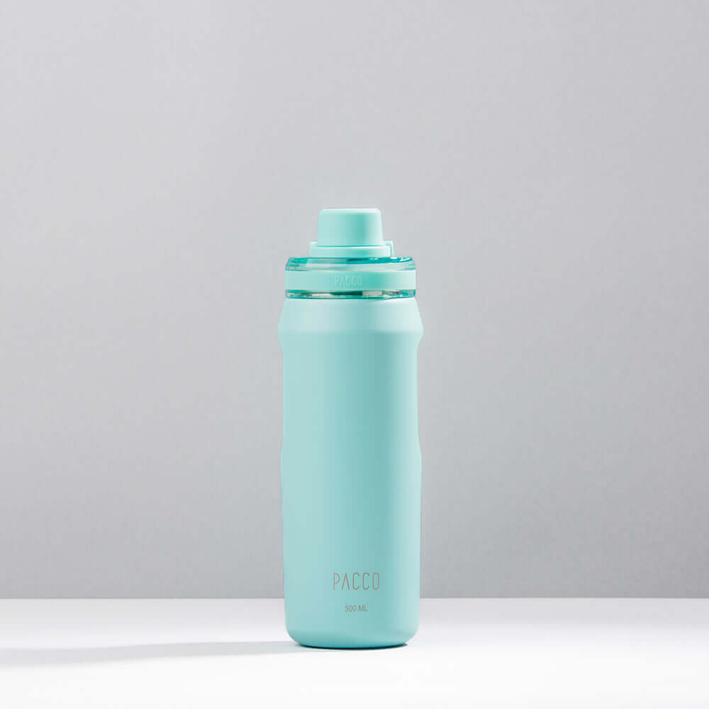Garrafa Térmica PACCO Vyta 500ml azul com isolamento a vácuo, design elegante e capacidade térmica de até 24 horas.