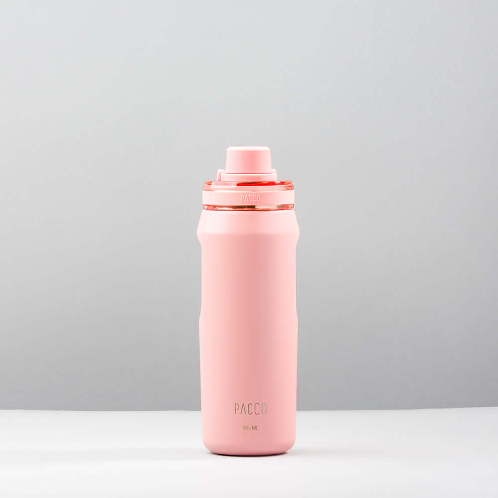 Garrafa Térmica PACCO Vyta 500ml rosa, compacta e sofisticada, com isolamento a vácuo para manter bebidas frias e quentes.