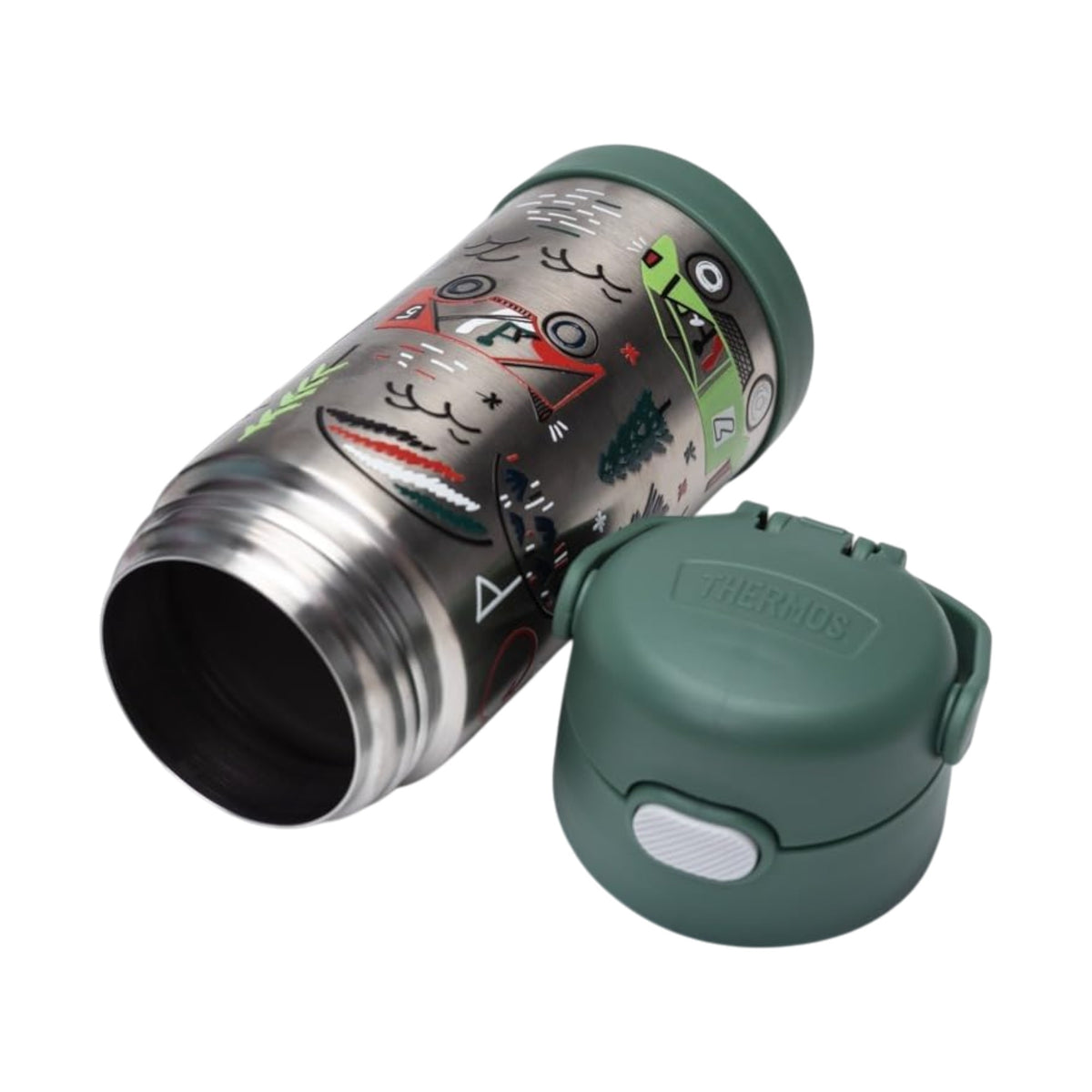Garrafa Térmica Funtainer Thermos - 355ml com design colorido, isolamento a vácuo e tampa verde, ideal para manter bebidas geladas.