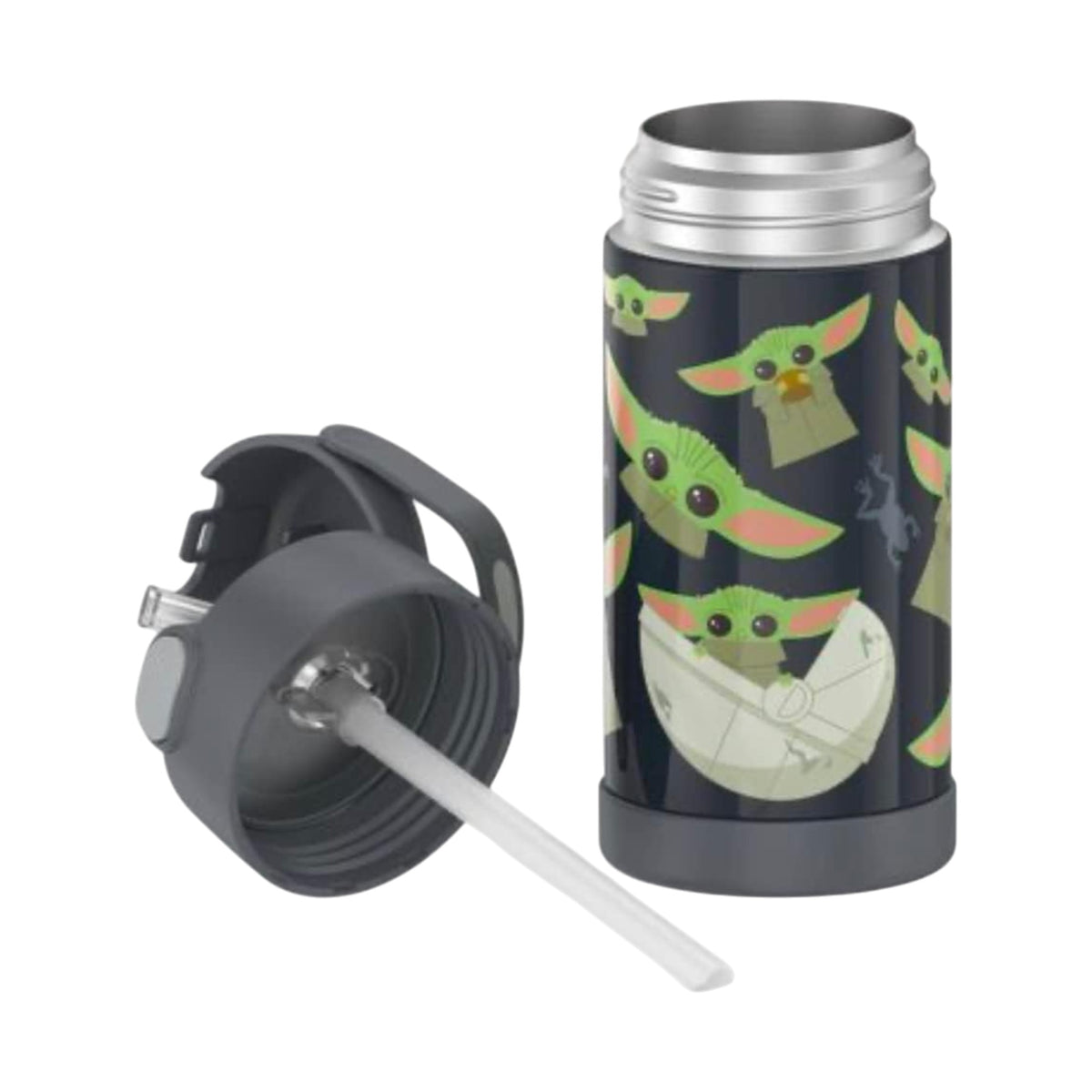 Garrafa Térmica Funtainer Thermos - 355ml com estampas coloridas, tampa removível e canudo retrátil, ideal para manter bebidas geladas.