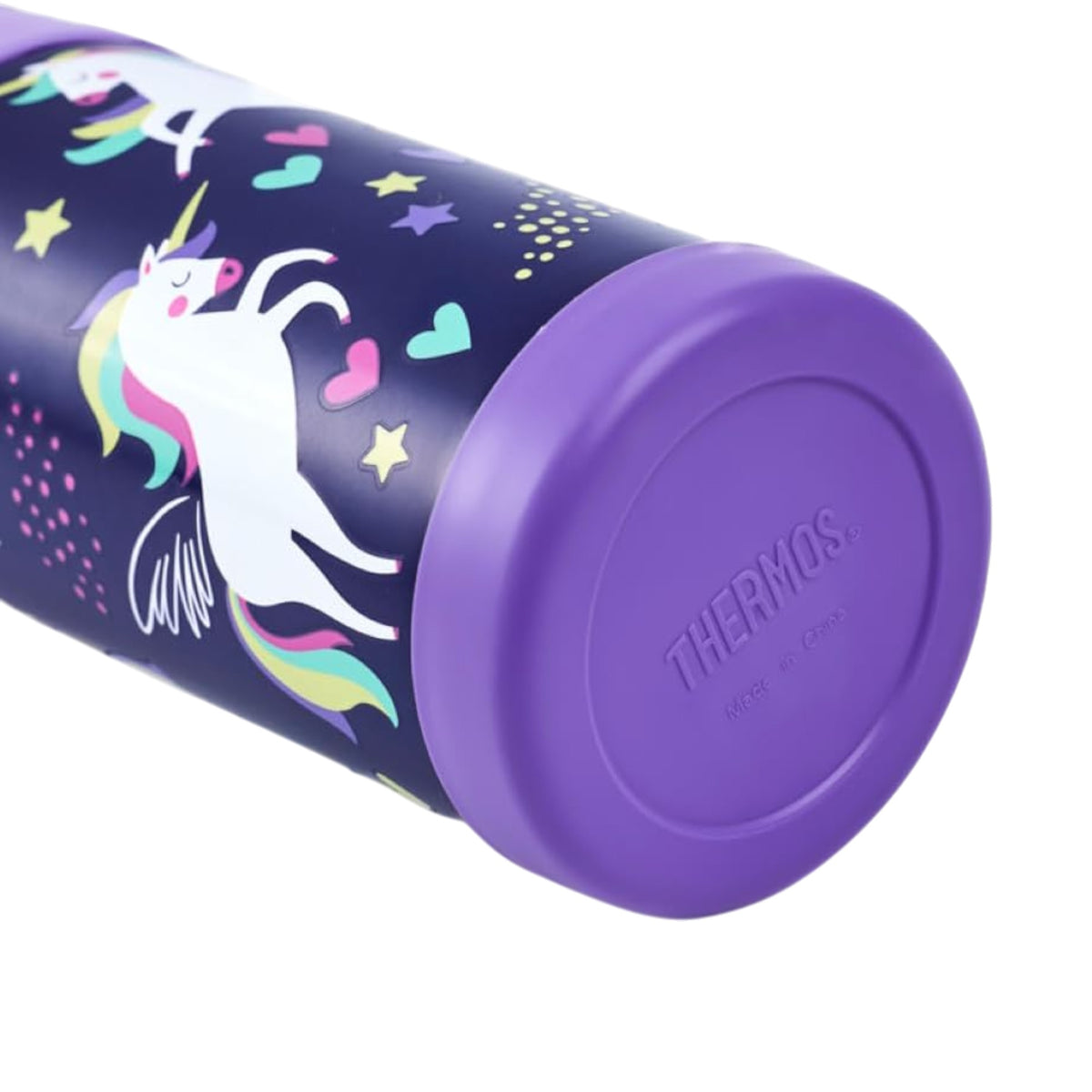 Garrafa Térmica Funtainer Thermos - 355ml com design de unicórnio colorido, tampa roxa e aço inoxidável resistente.