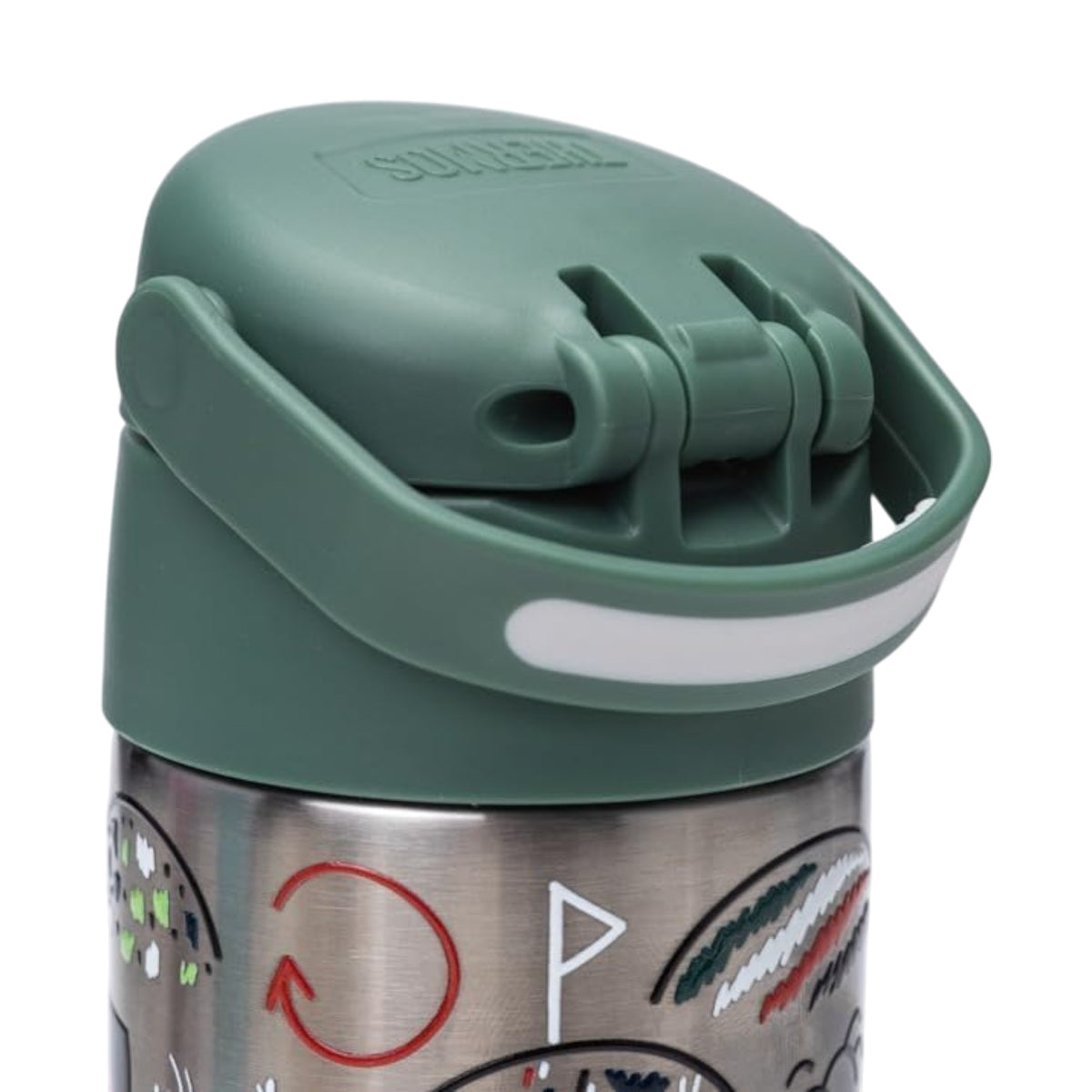 Tampa e canudo retrátil da Garrafa Térmica Funtainer Thermos - 355ml, em aço inoxidável, mantendo bebidas geladas e sem vazamentos.