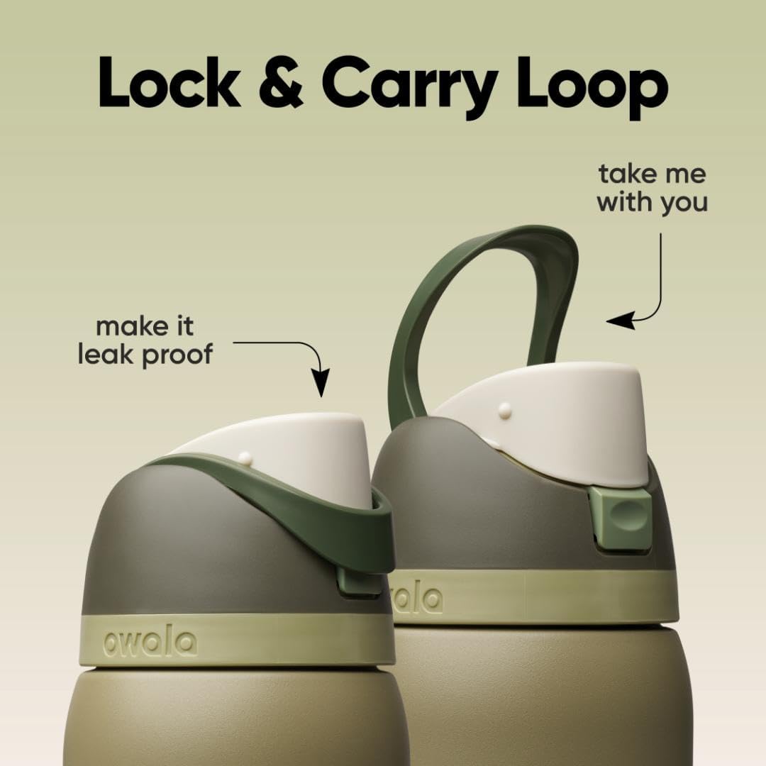 Tampas das garrafas térmicas Owala com alça de transporte e função à prova de vazamentos, destacando o design funcional.