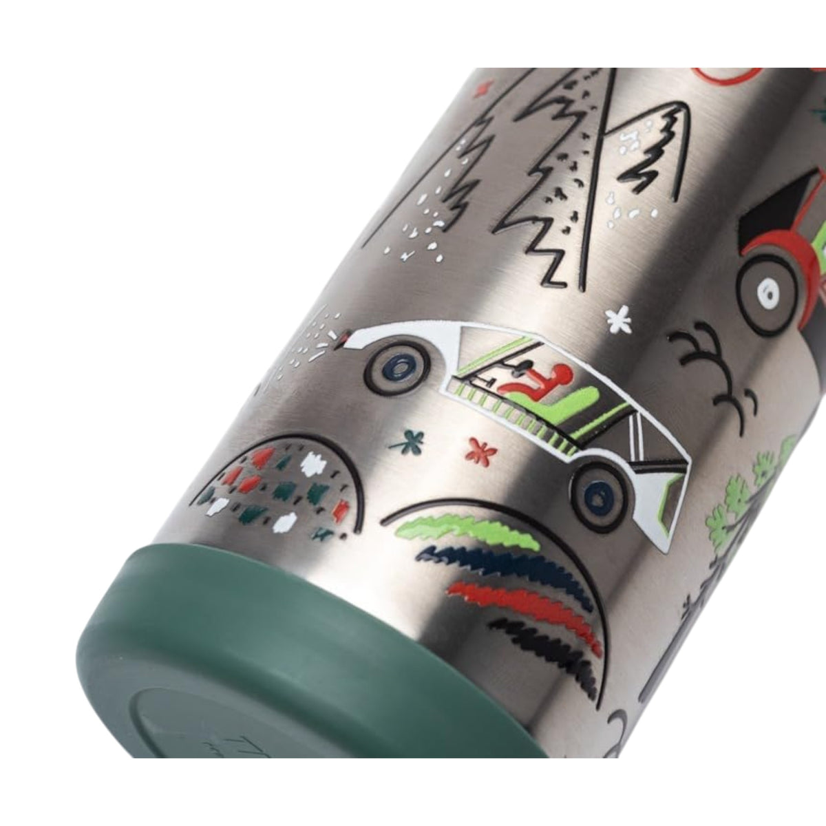 Design da Garrafa Térmica Funtainer Thermos - 355ml com ilustrações coloridas e acabamento em aço inoxidável, decoração criativa.