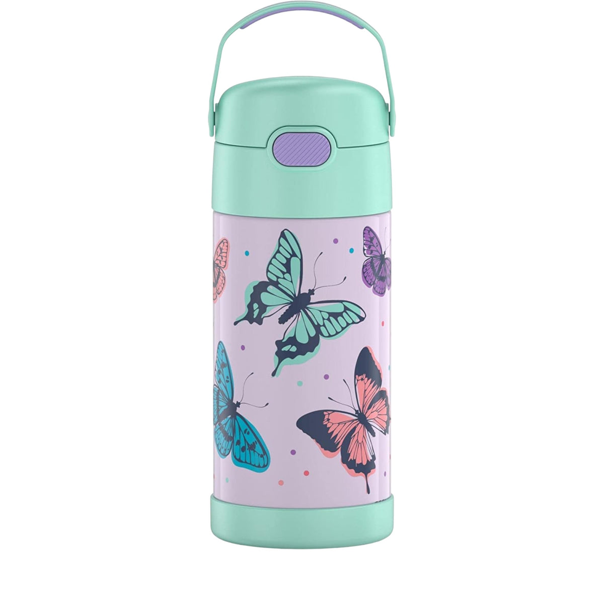 Garrafa Térmica Funtainer Thermos - 355ml, design de borboletas coloridas, isolamento a vácuo, aço inox, mantém gelado por 12h.