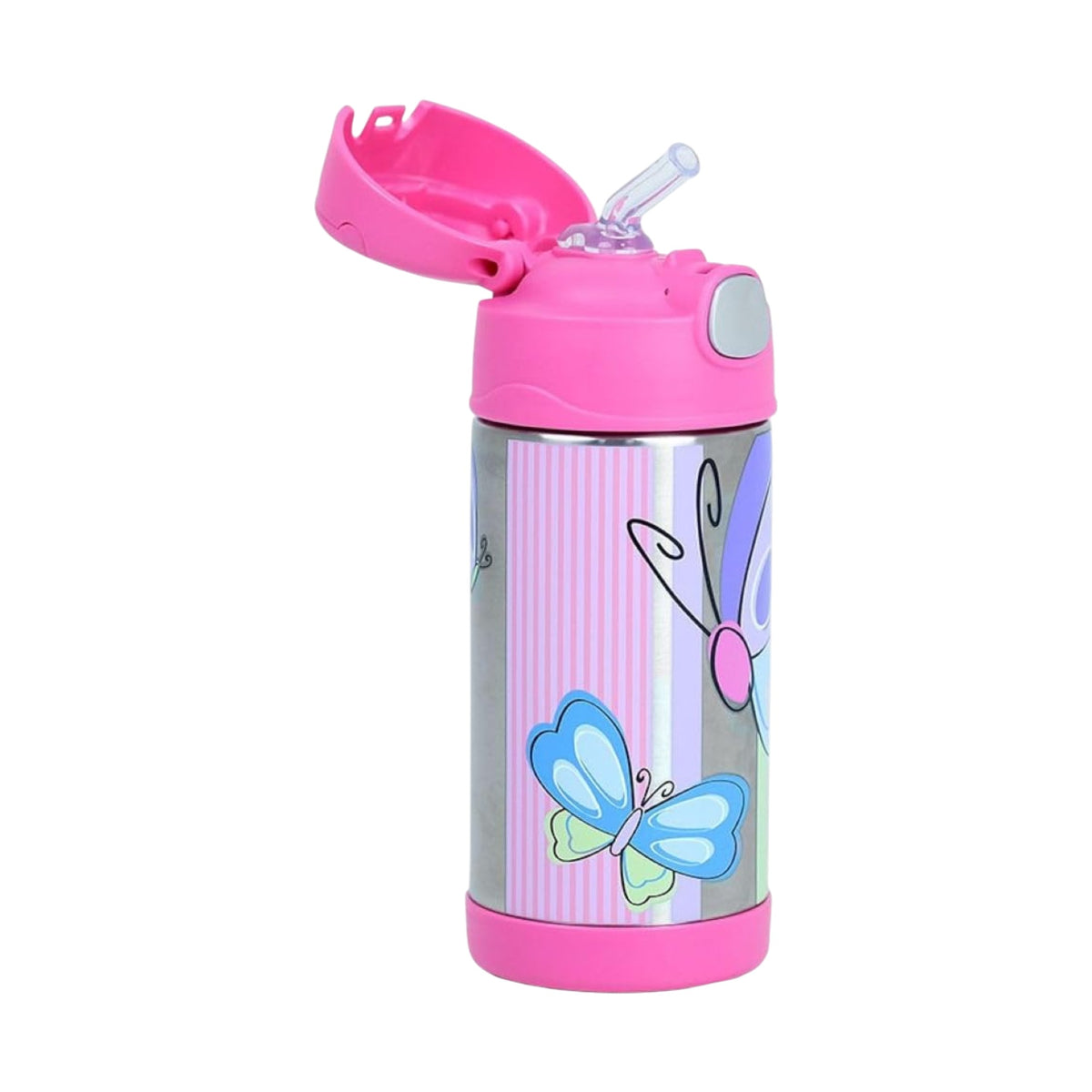 Garrafa Térmica Funtainer Thermos - 355ml com estampas de borboletas, isolamento a vácuo e canudo retrátil, ideal para manter bebidas geladas.
