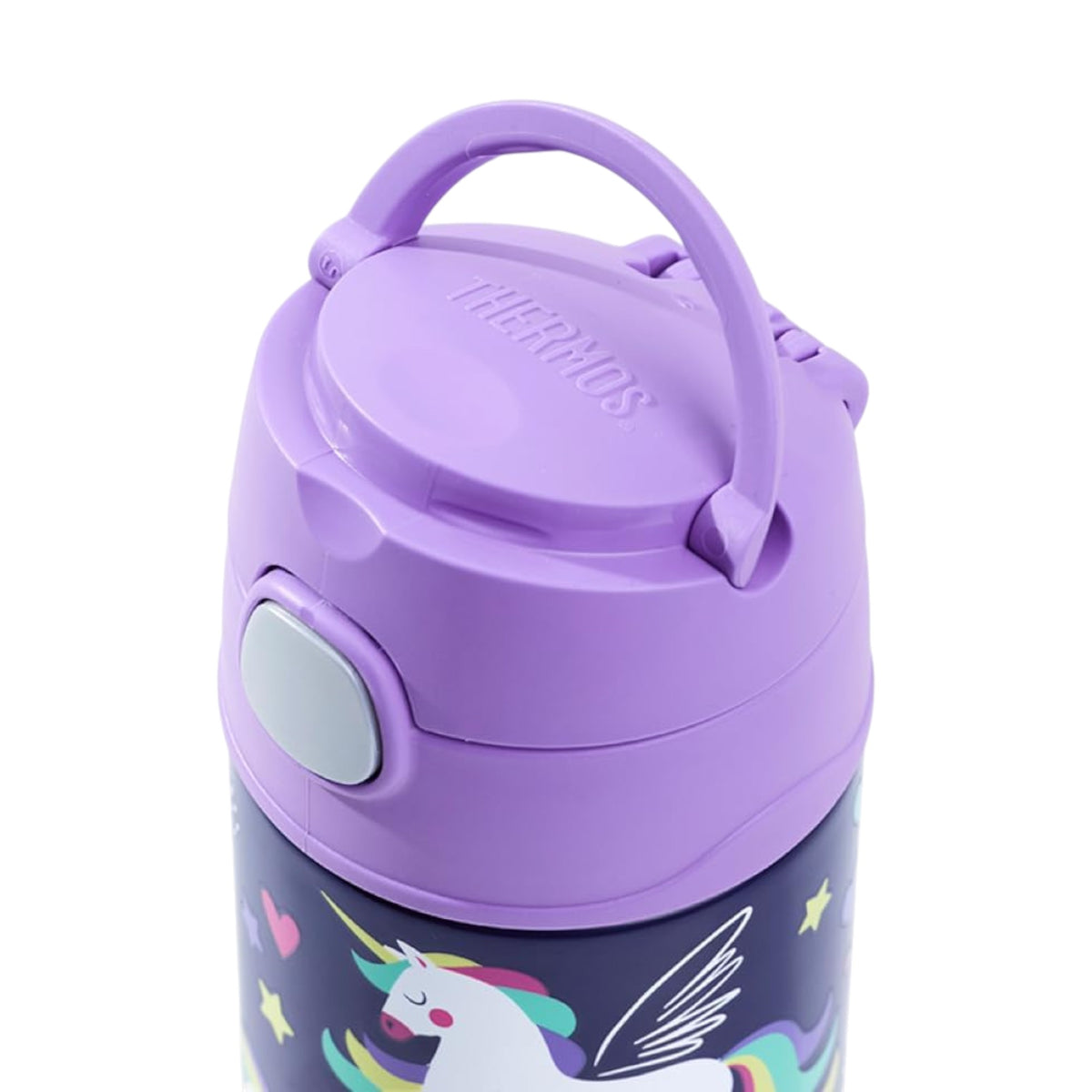 Garrafa Térmica Funtainer Thermos - 355ml roxa com canudo retrátil e alça dobrável, design de unicórnio colorido, ideal para crianças.