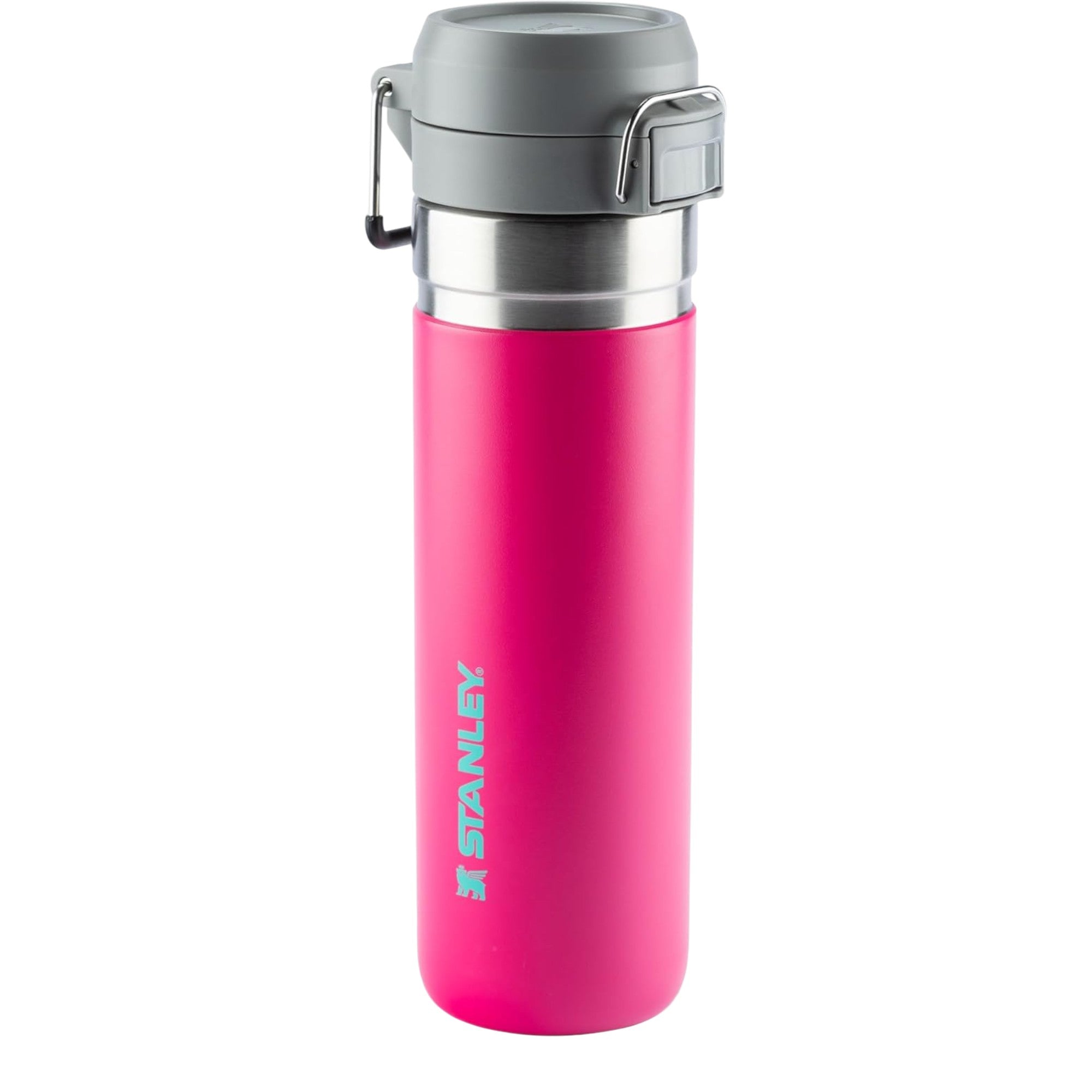 Garrafa Térmica Quick Flip Stanley - 710ml rosa com tampa cinza, oferecendo isolamento a vácuo de parede dupla para bebidas geladas.