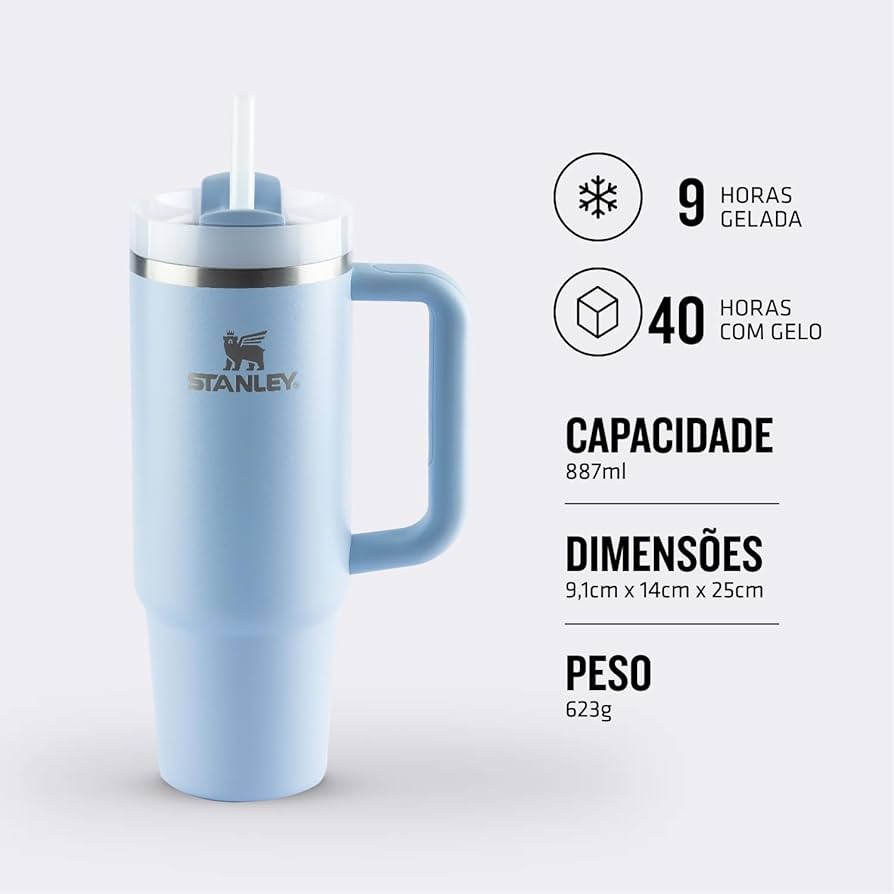 Copo Quencher Stanley 887ml, copo térmico isolado com capacidade de 887ml, mantém bebidas geladas por até 40 horas, alça ergonômica.