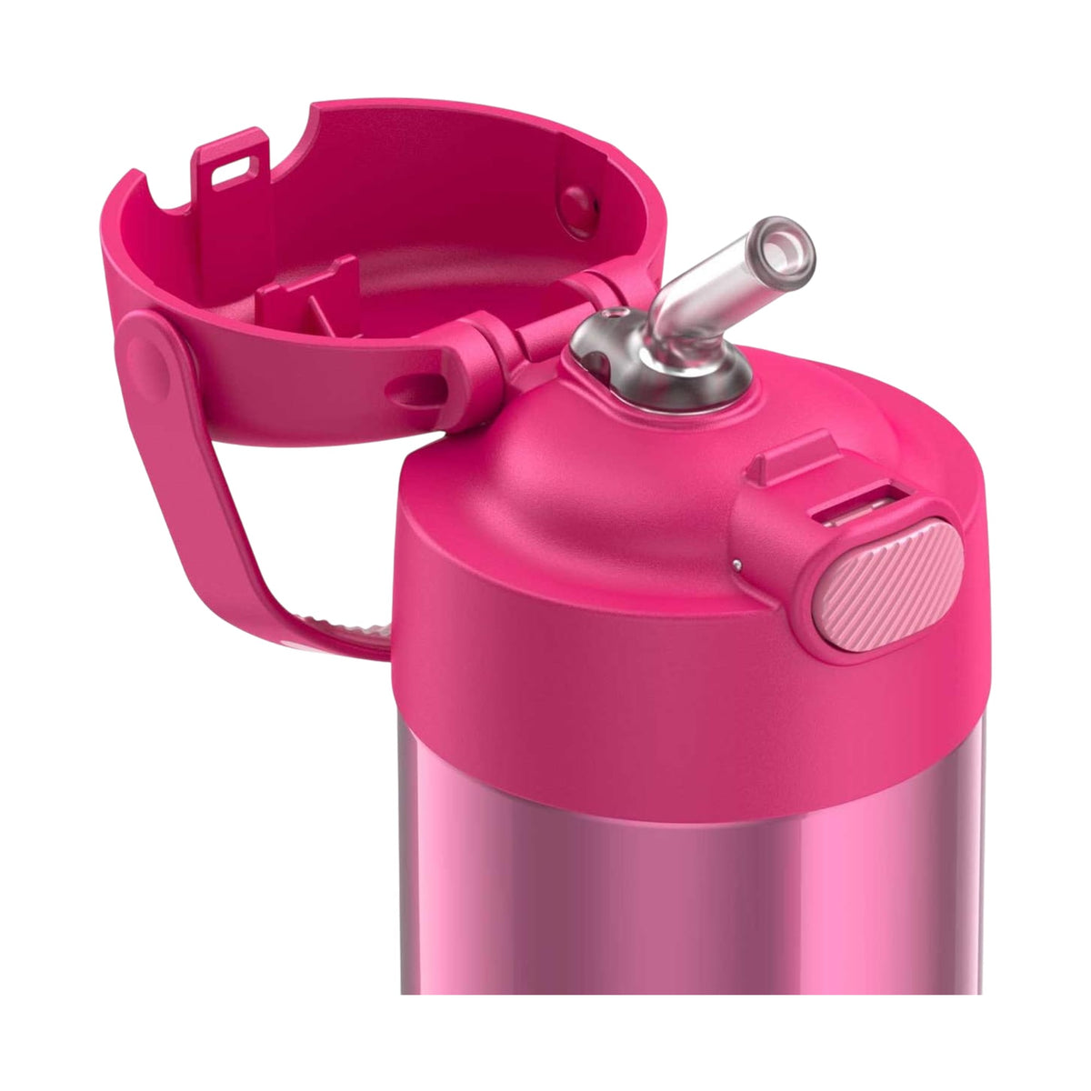Garrafa Térmica Funtainer Thermos - 355ml em aço inoxidável rosa com canudo retrátil e alça integrada para manter bebidas geladas.