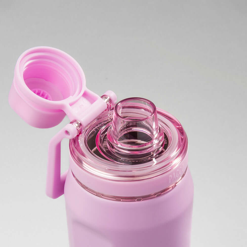 Tampa aberta da Garrafa Térmica PACCO Vyta 650ml rosa, mostrando o interior de design elegante e moderno.