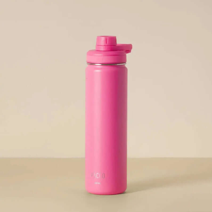 Garrafa Térmica PACCO Hydrav2 650ml rosa com design elegante, ideal para manter bebidas frias por 24h ou quentes por 12h.