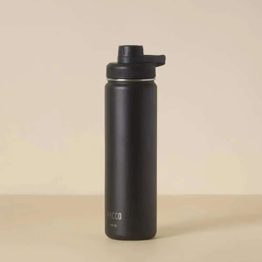 Garrafa Térmica PACCO Hydrav2 650ml em preto com design elegante e isolamento térmico para bebidas quentes e frias.