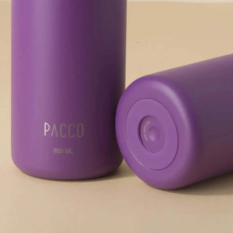 Garrafa Térmica PACCO Hydrav2 650ml roxa mostrando detalhes de design sofisticado e alto desempenho térmico.