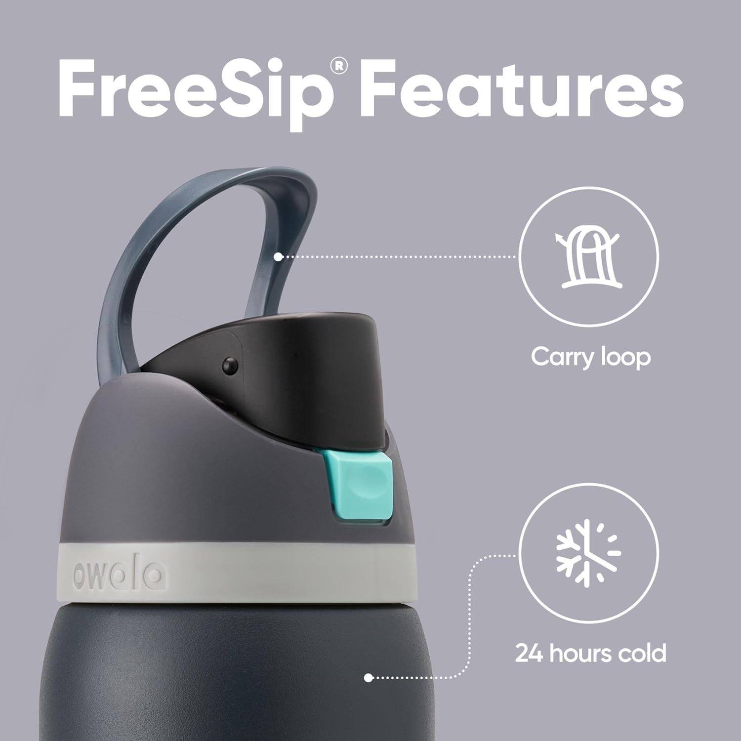 Design da Garrafa Térmica Owala FreeSip - 946ml | 32oz com bico FreeSip e alça de transporte destacada.