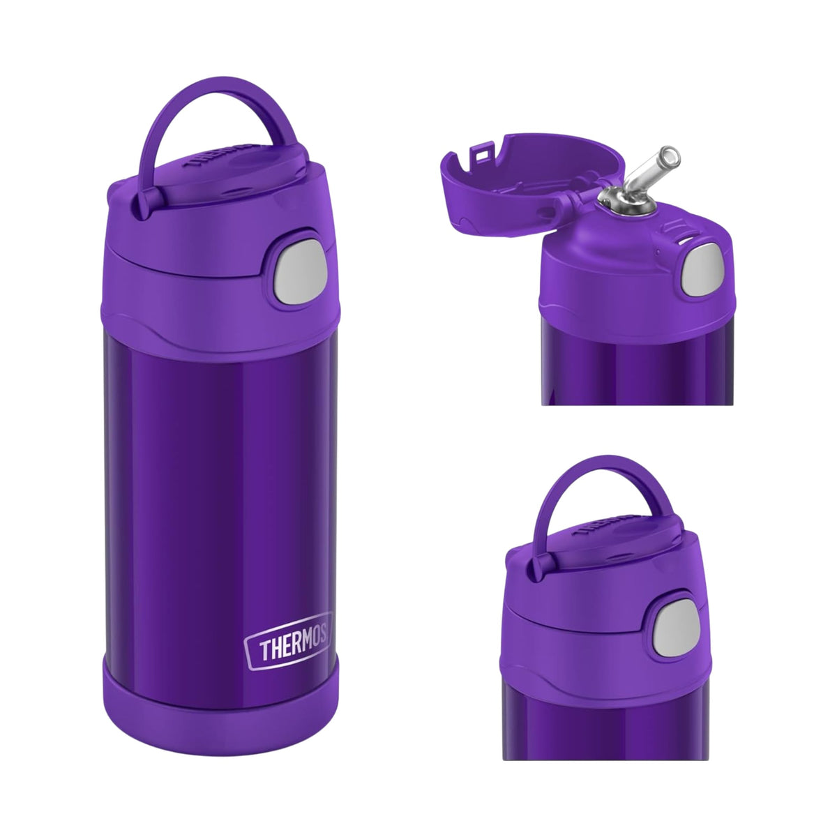 Garrafa Térmica Funtainer Thermos - 355ml roxa com canudo retrátil e isolamento a vácuo, exposta de diferentes ângulos.
