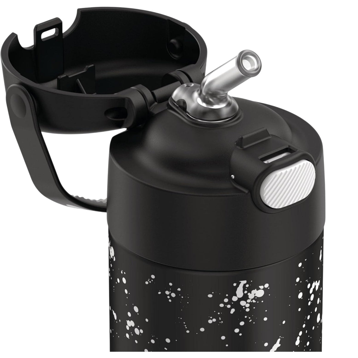 Detalhe da Garrafa Térmica Funtainer Thermos - 355ml com canudo retrátil, alça dobrável e design moderno em inox.
