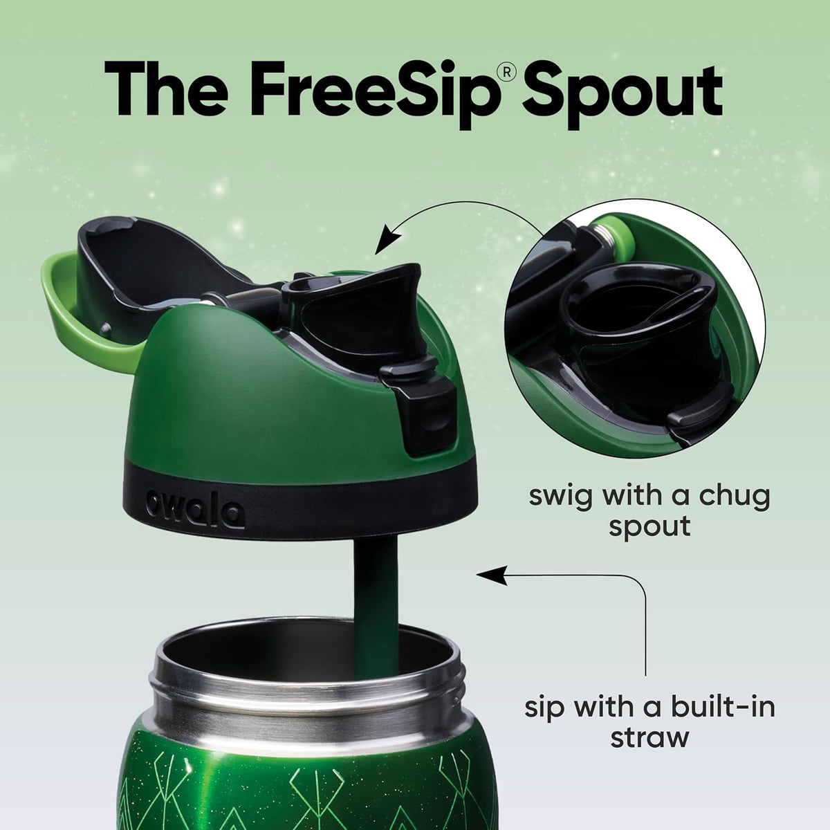 Garrafa Térmica Owala FreeSip 946 ml (32 oz) Elphaba, infográfico com as características