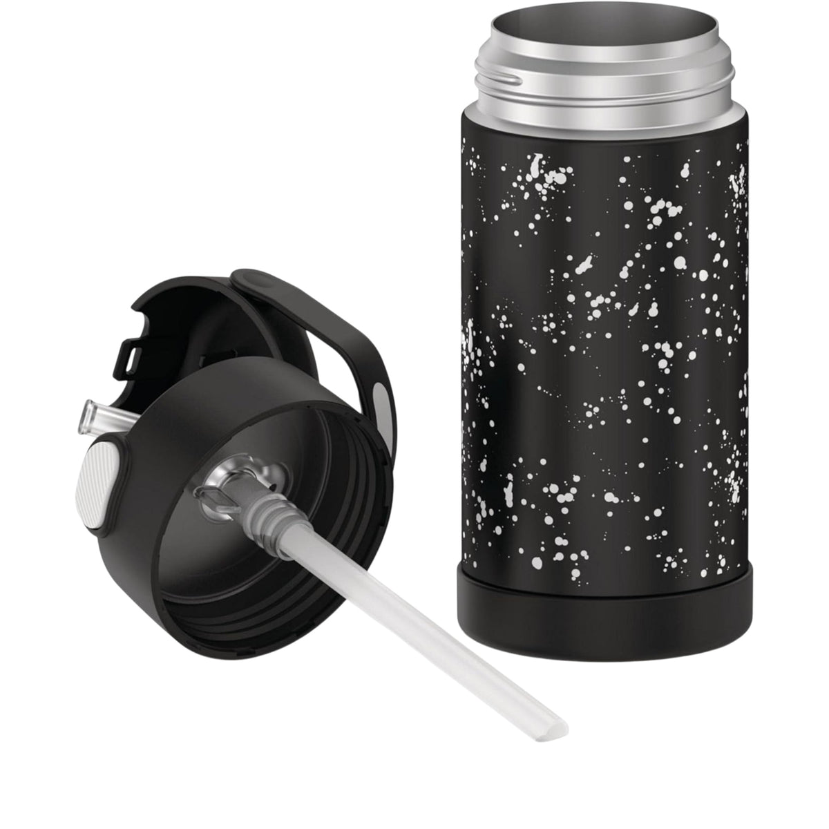 Garrafa Térmica Funtainer Thermos - 355ml em aço inoxidável com canudo retrátil e isolamento a vácuo, tampa preta destacada ao lado.