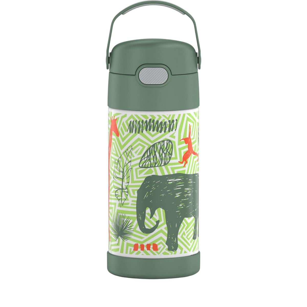 Garrafa Térmica Funtainer Thermos - 355ml com design de animal em fundo verde, tampa verde e alça integrada dobrável.
