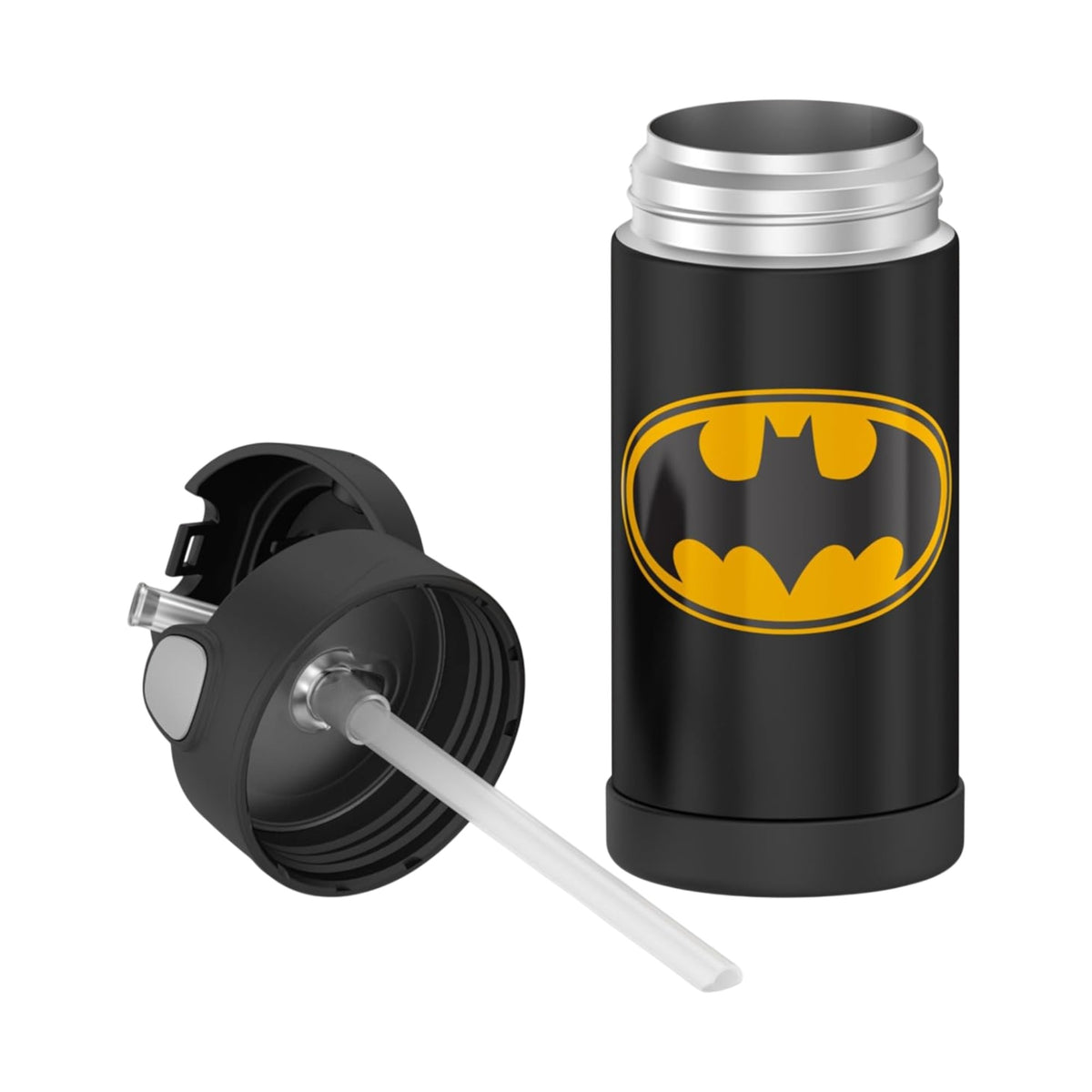 Garrafa Térmica Funtainer Thermos - 355ml com estampa de Batman, tampa aberta mostrando canudo retrátil, aço inoxidável resistente.