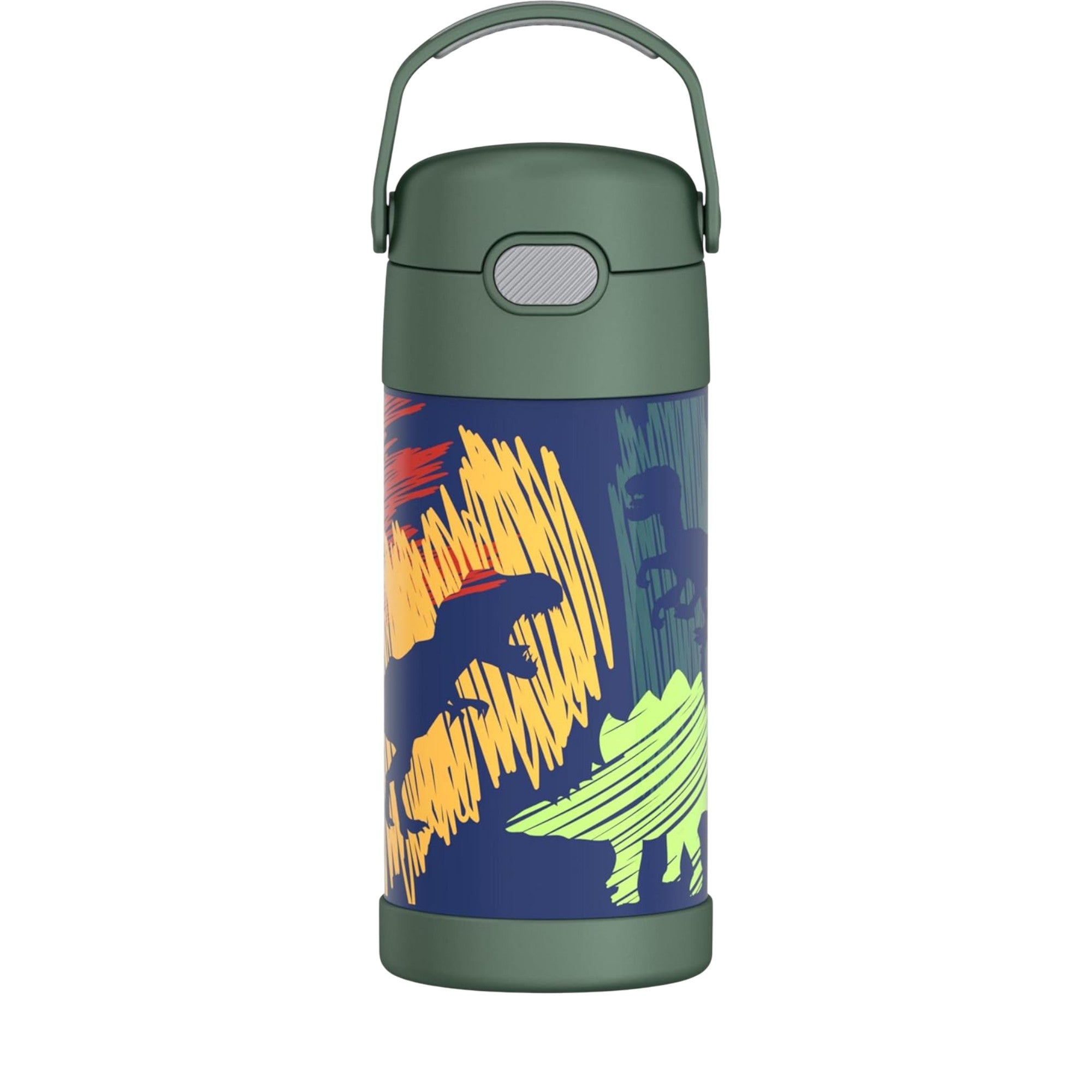Garrafa Térmica Funtainer Thermos - 355ml com design de dinossauros coloridos, ideal para manter bebidas frias, com alça e canudo retrátil.